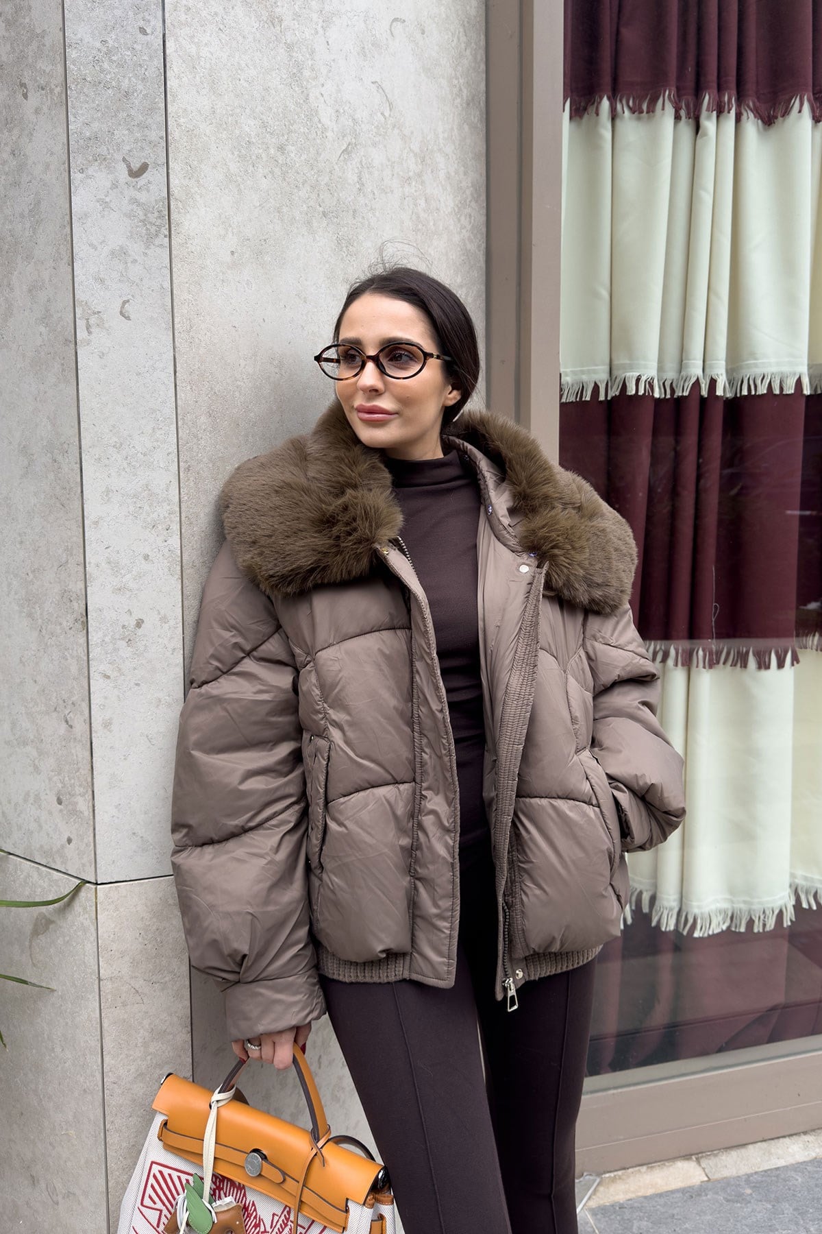 Alenelle Yakası Kürklü Bomber Mont- HAKİ