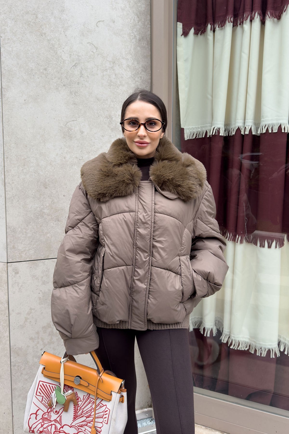 Alenelle Yakası Kürklü Bomber Mont- HAKİ
