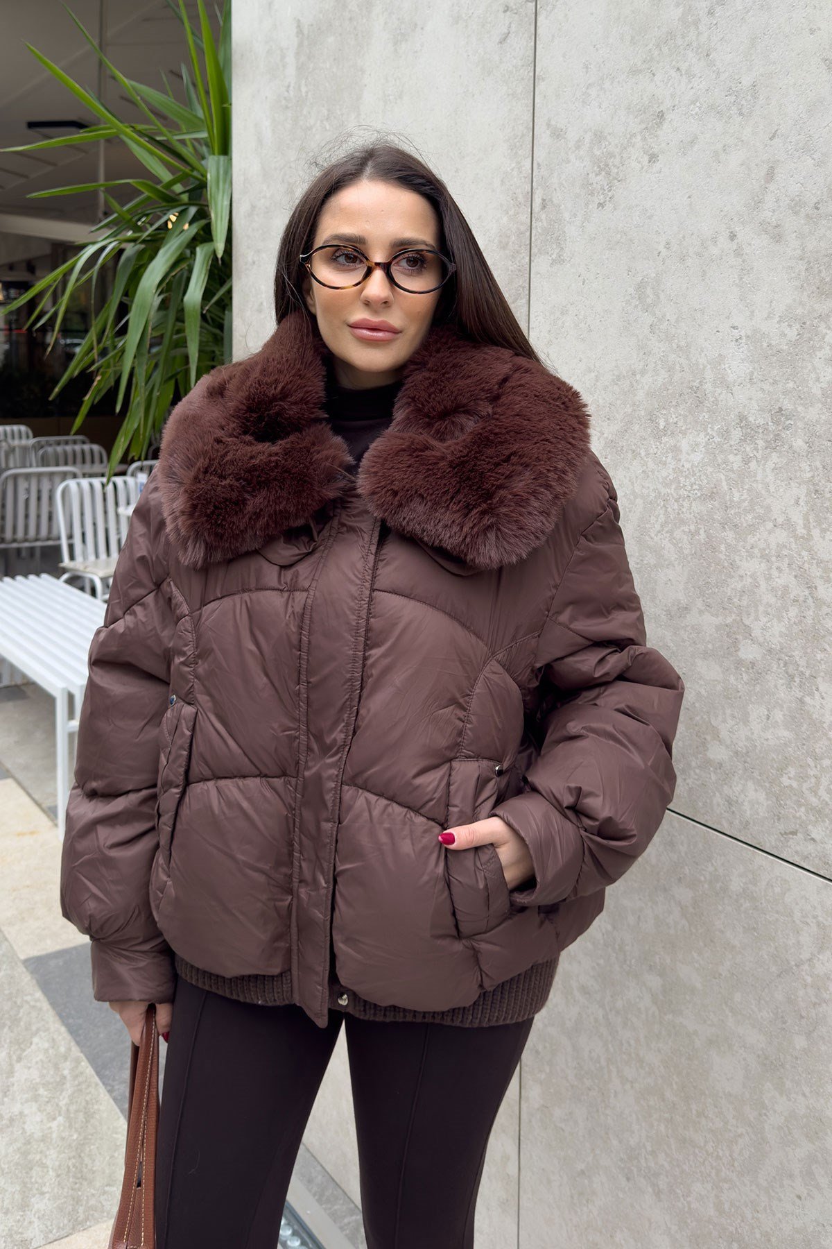 Alenelle Yakası Kürklü Bomber Mont- KAHVERENGİ