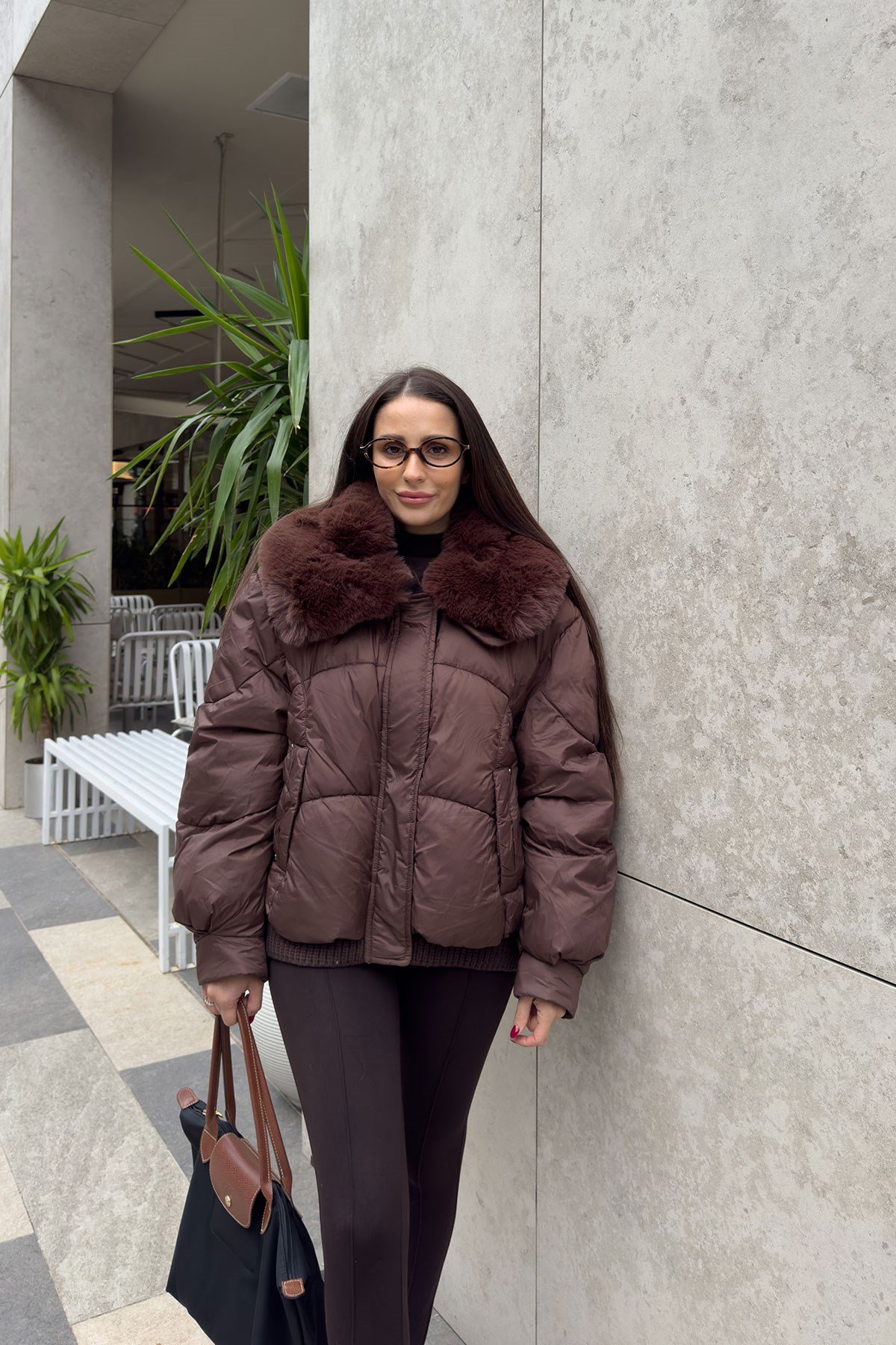 Alenelle Yakası Kürklü Bomber Mont- KAHVERENGİ