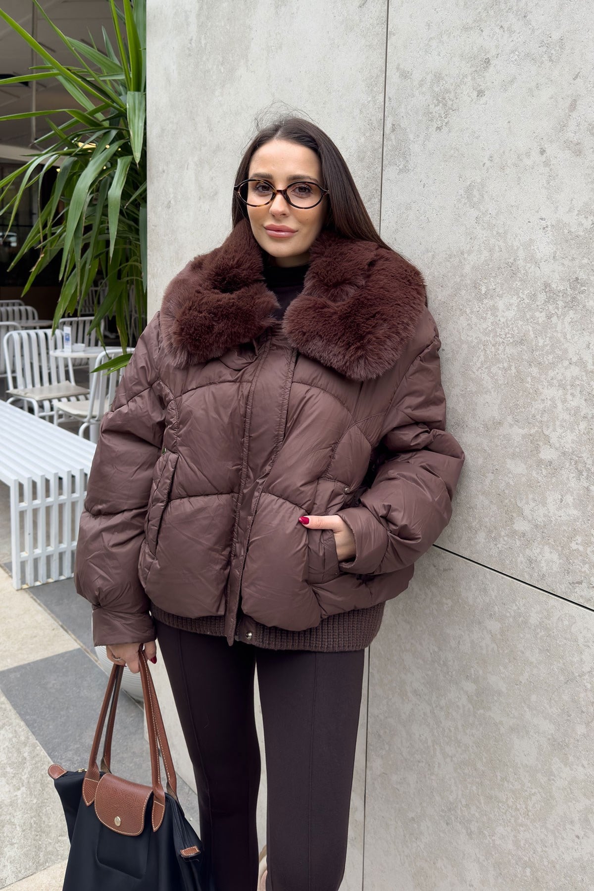 Alenelle Yakası Kürklü Bomber Mont- KAHVERENGİ