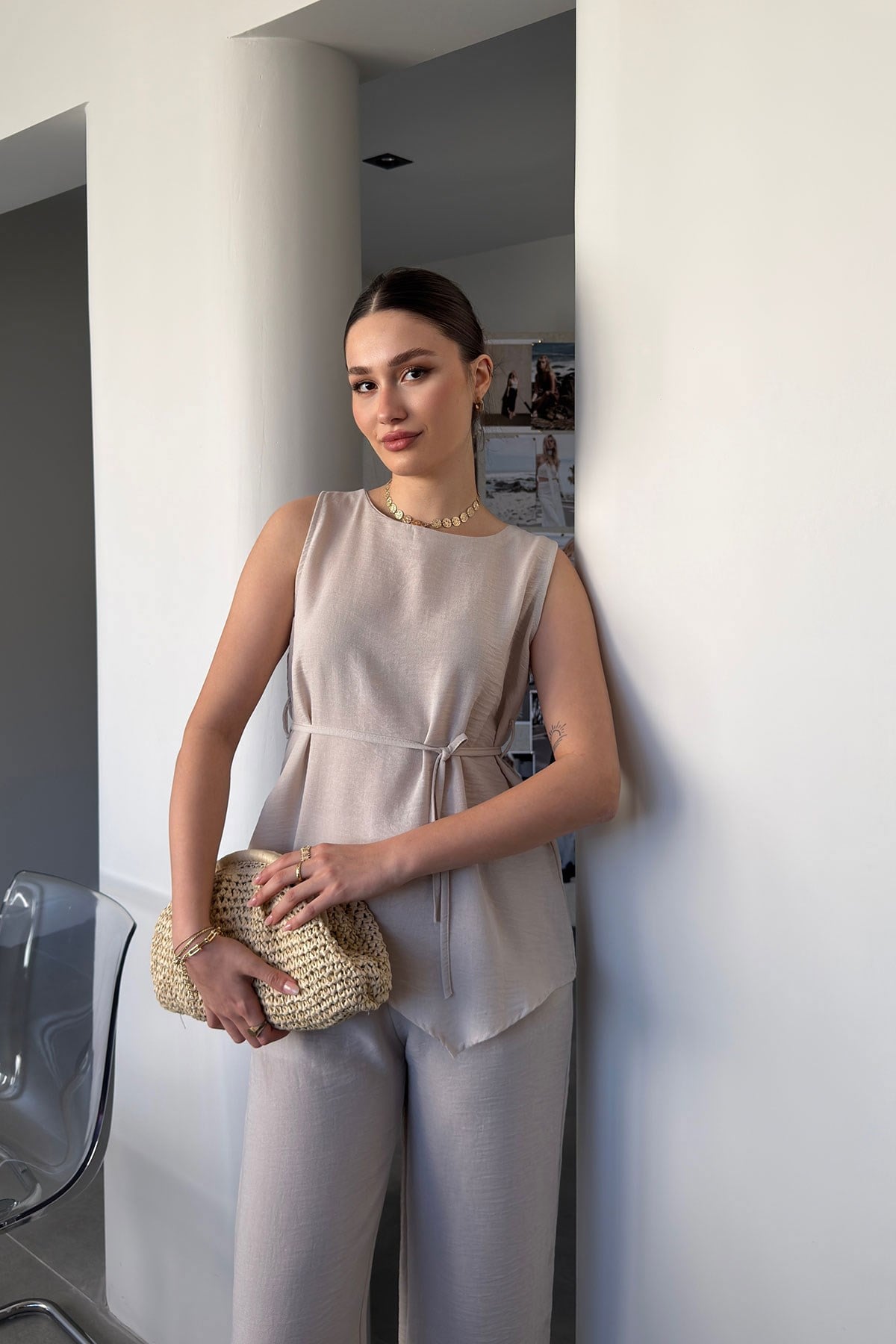Asimetrik Kesim Bağlamalı Premium Takım- BEJ