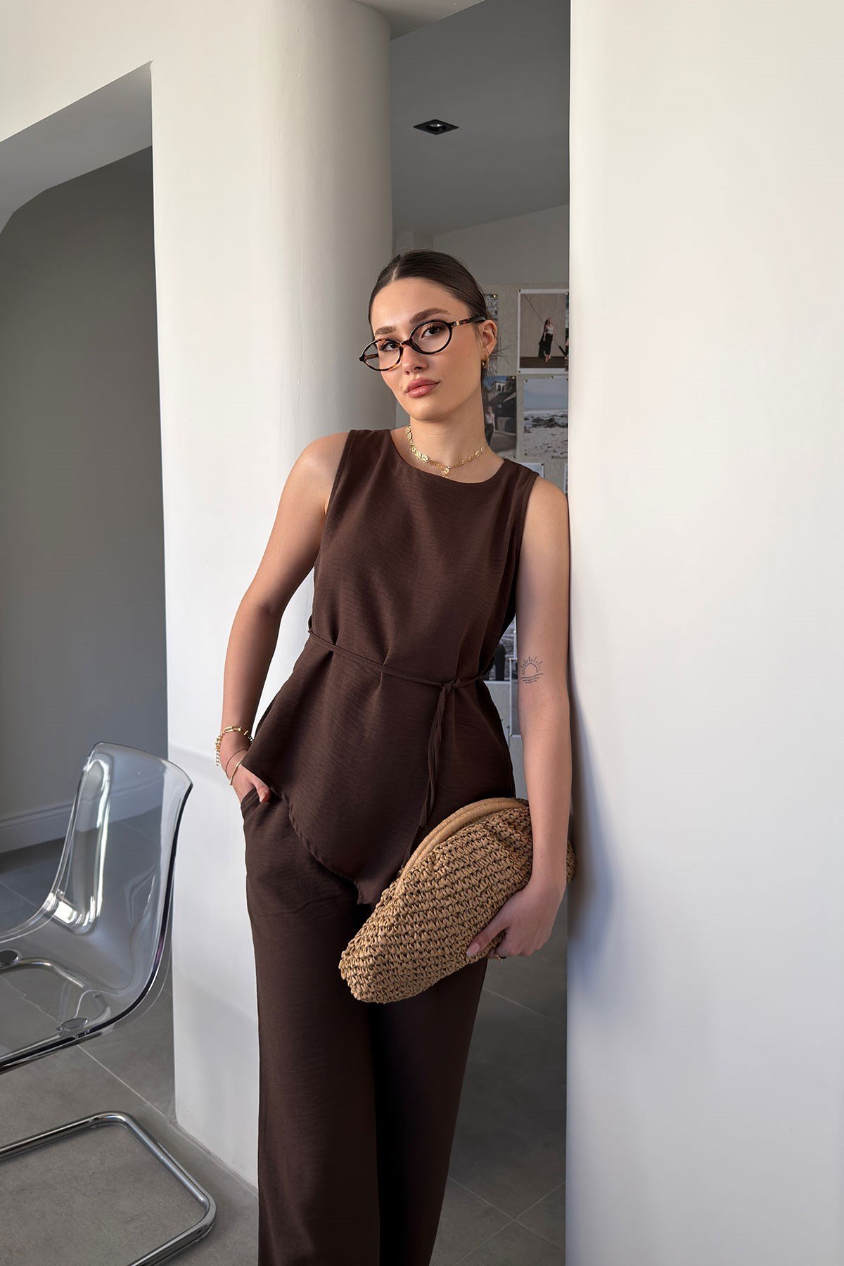 Asimetrik Kesim Bağlamalı Premium Takım- KAHVERENGİ