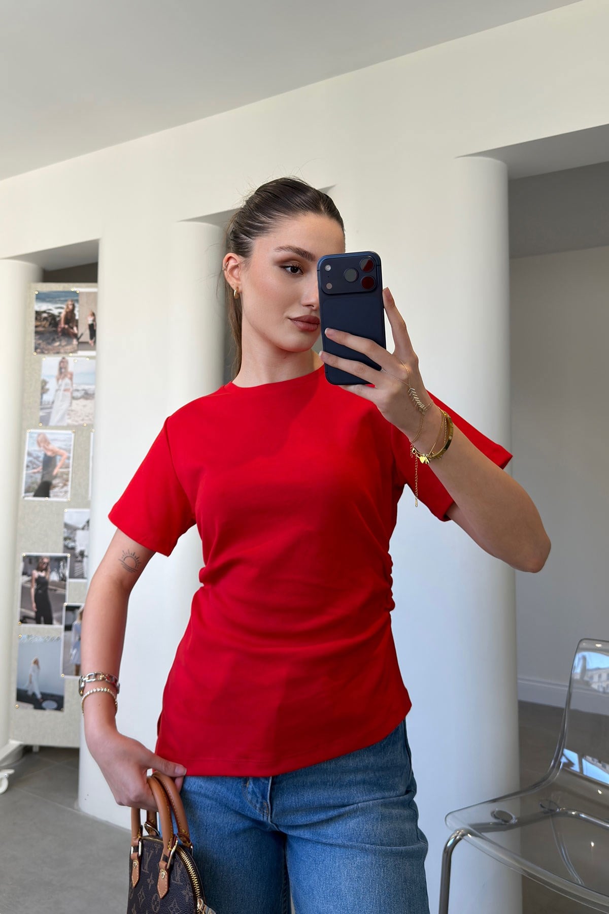 Asimetrik Kesim Kısa Kollu Bluz- KIRMIZI