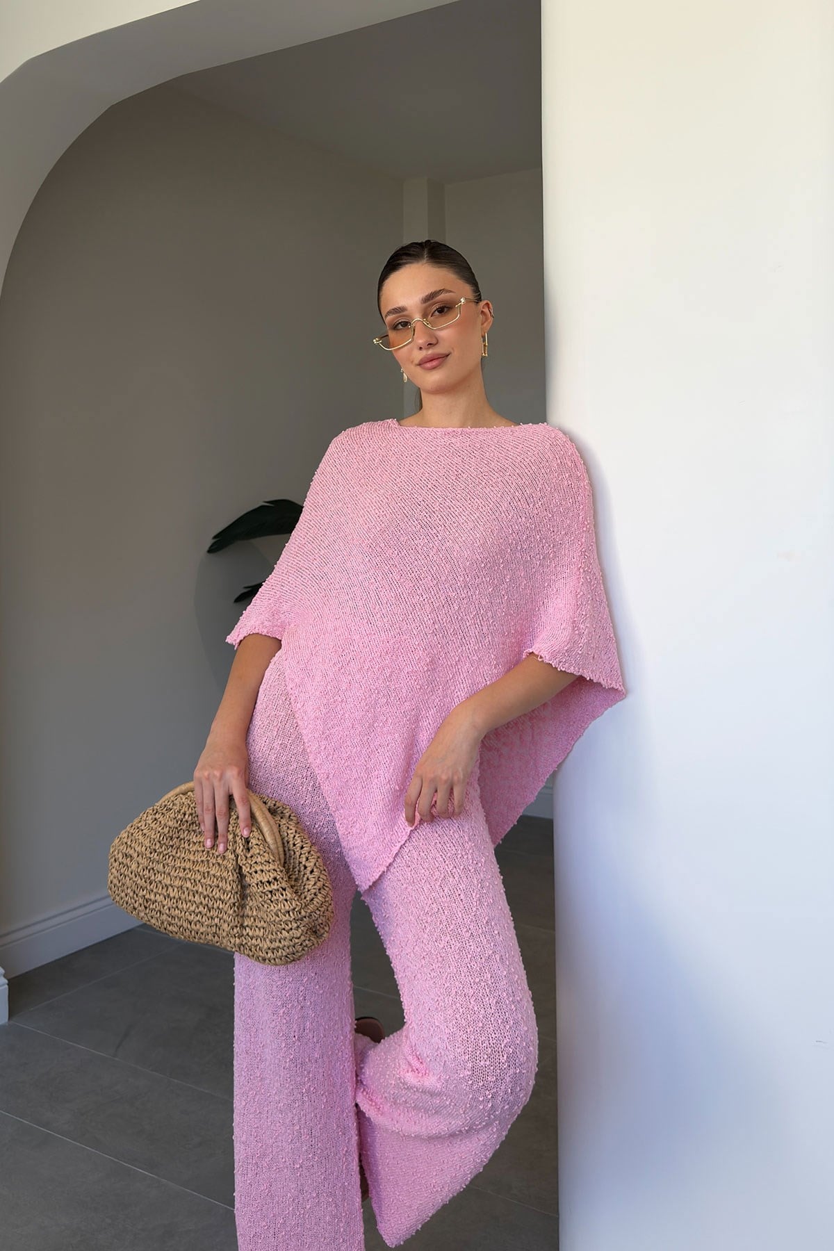 Asimetrik Kesim Triko Takım- PEMBE