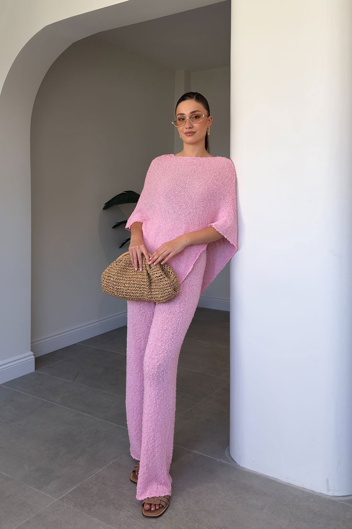 Asimetrik Kesim Triko Takım- PEMBE