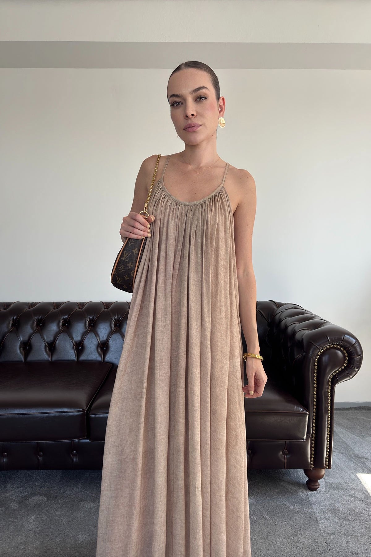 Askılı Premium Keten Elbise- CAMEL