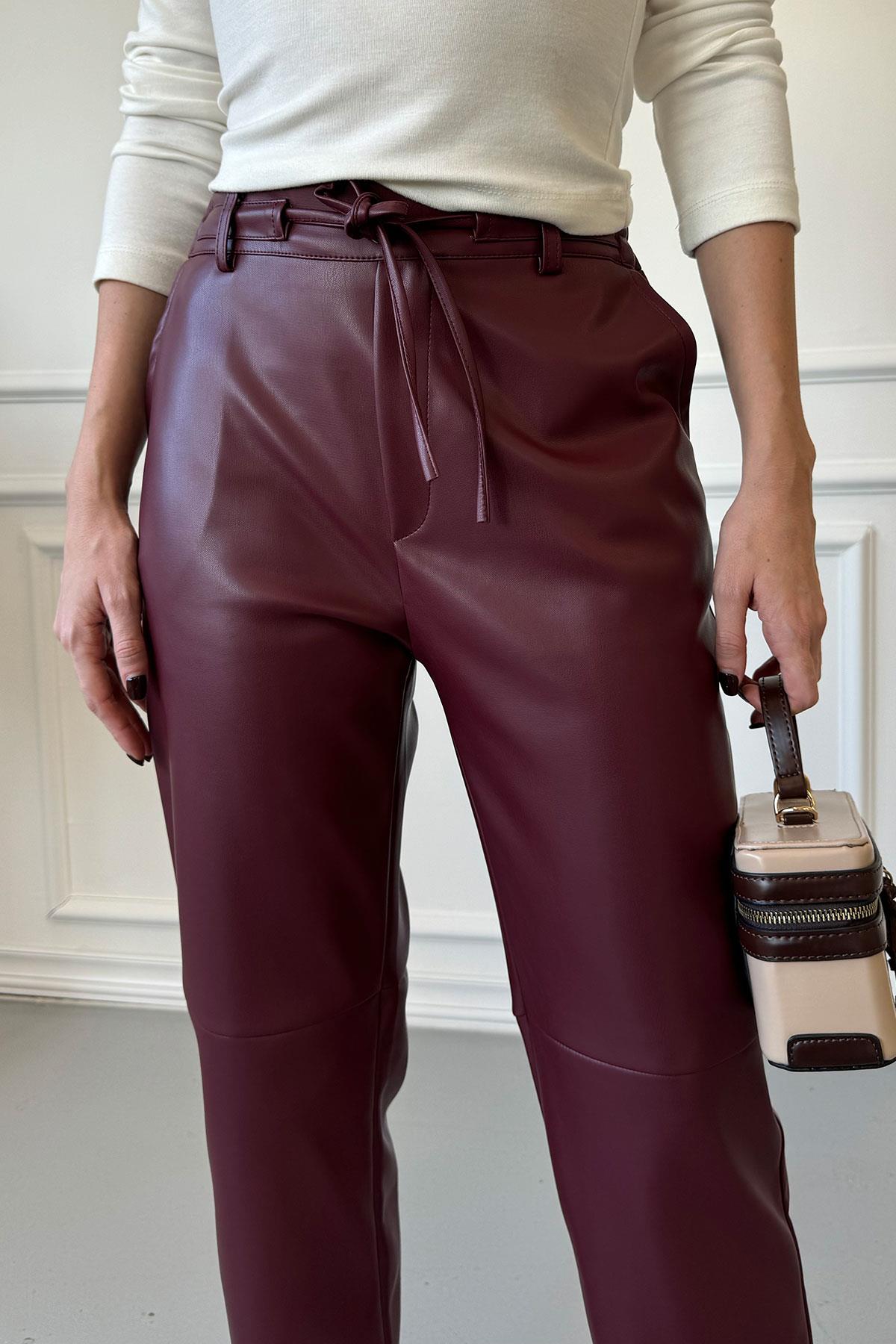 Bağıcıklı Tasarım Deri Pantolon- BORDO
