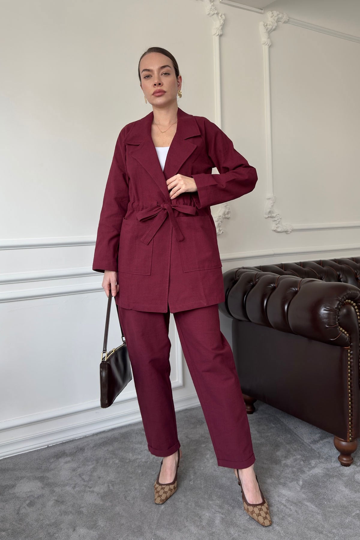 Bağlamalı Keten Takım- BORDO