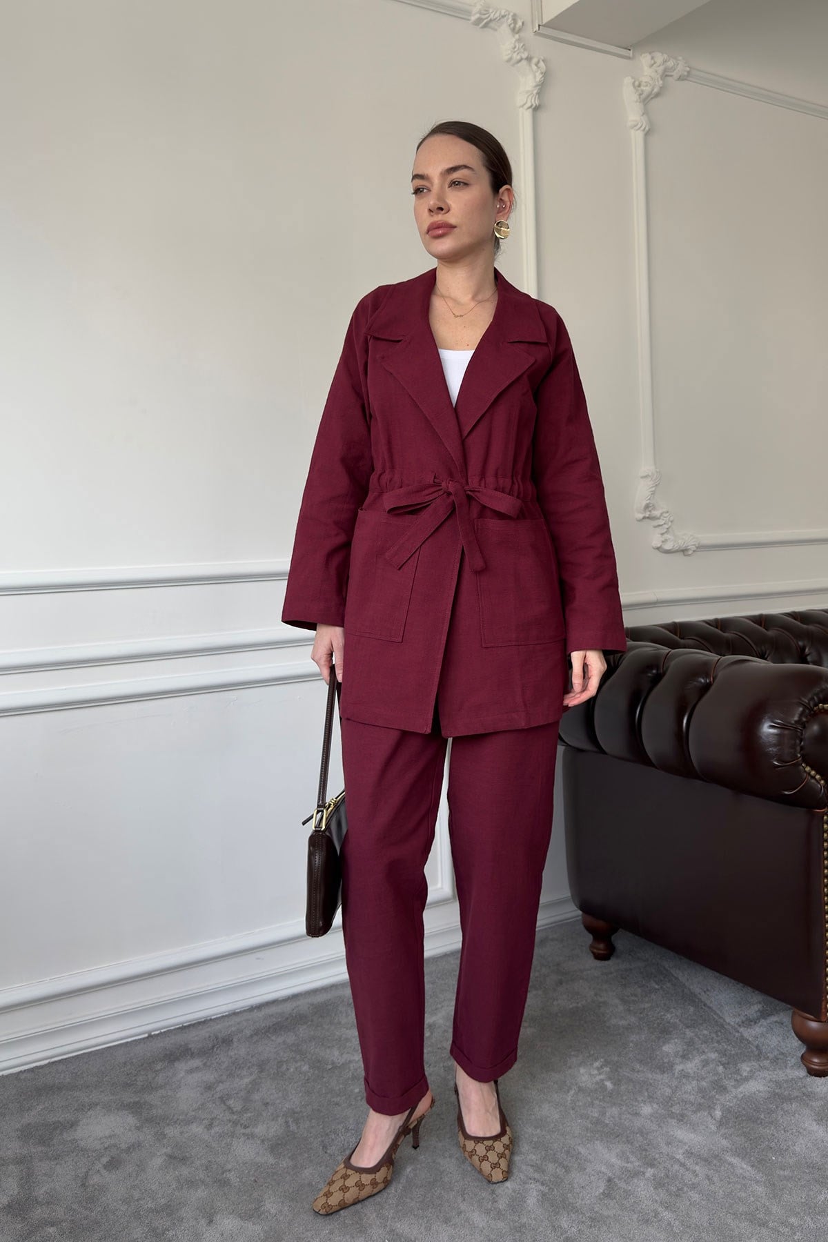 Bağlamalı Keten Takım- BORDO