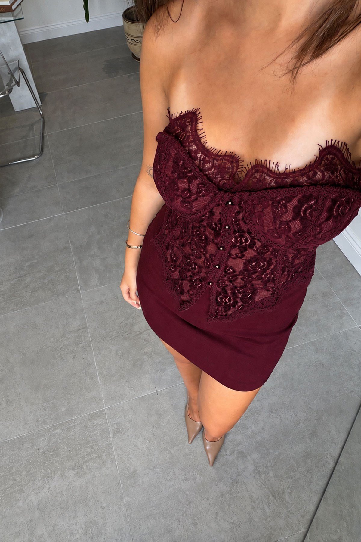 BALENLİ DANTELLİ KORSE BLUZ- BORDO