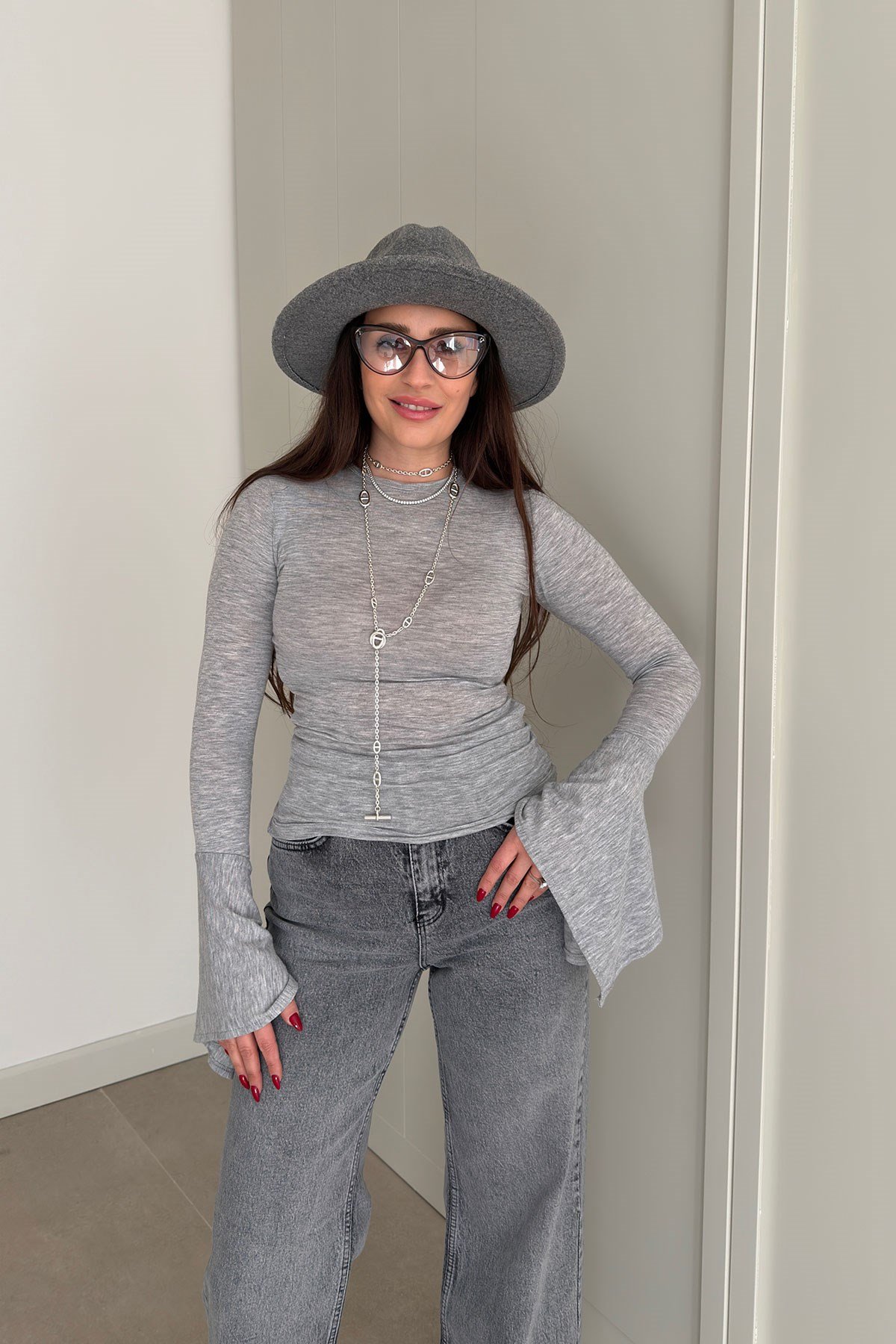 Basic İspanyol Kol Bluz- GRİ