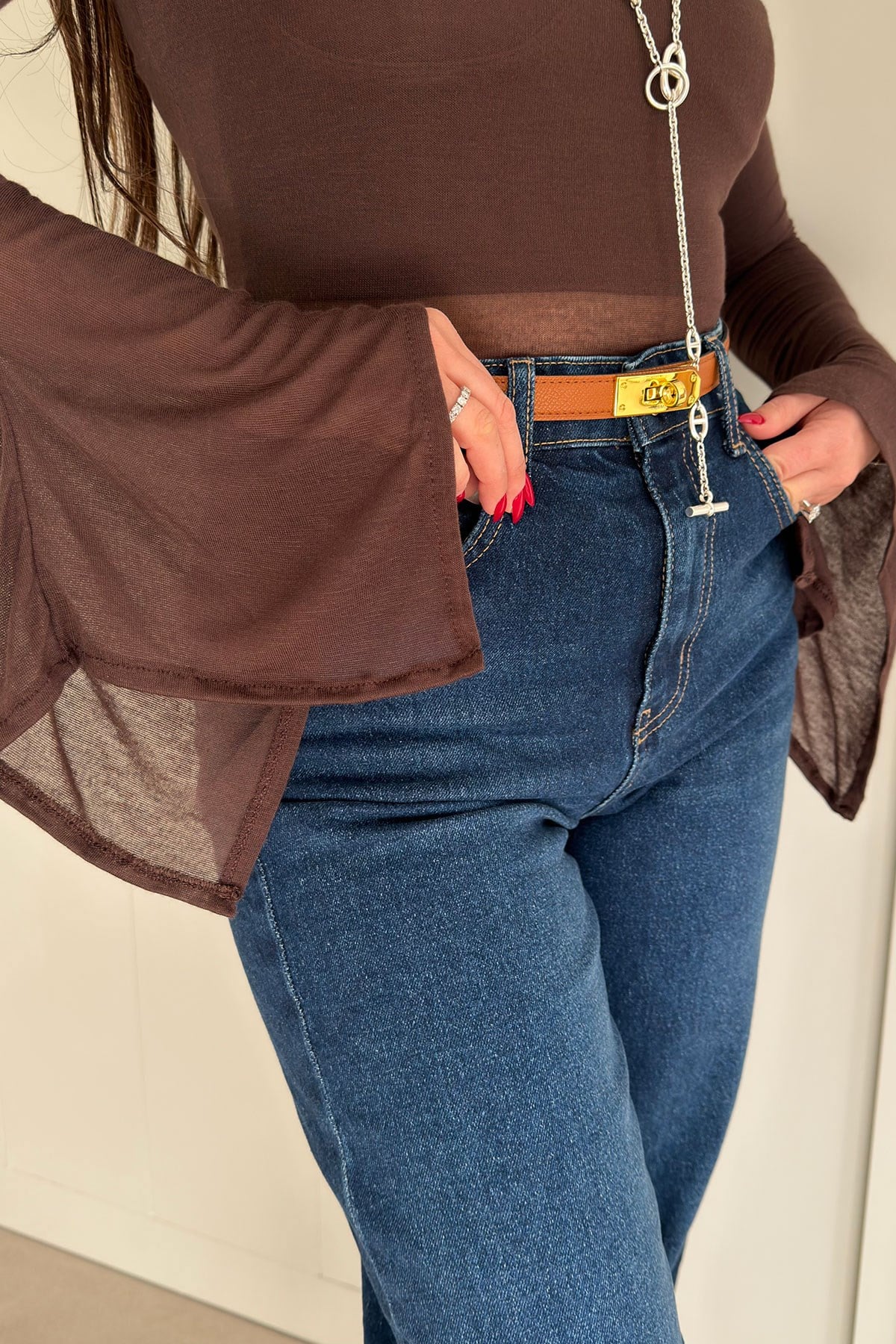 Basic İspanyol Kol Bluz- KAHVERENGİ