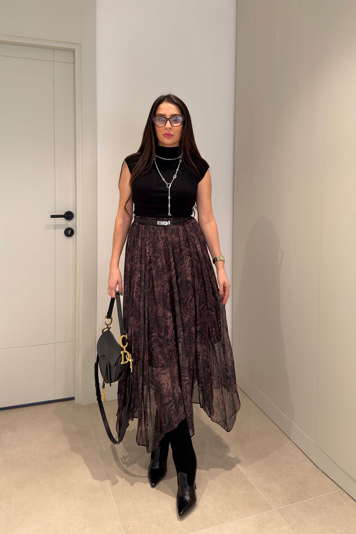 Batik Desen Astarlı Şifon Etek- KAHVERENGİ