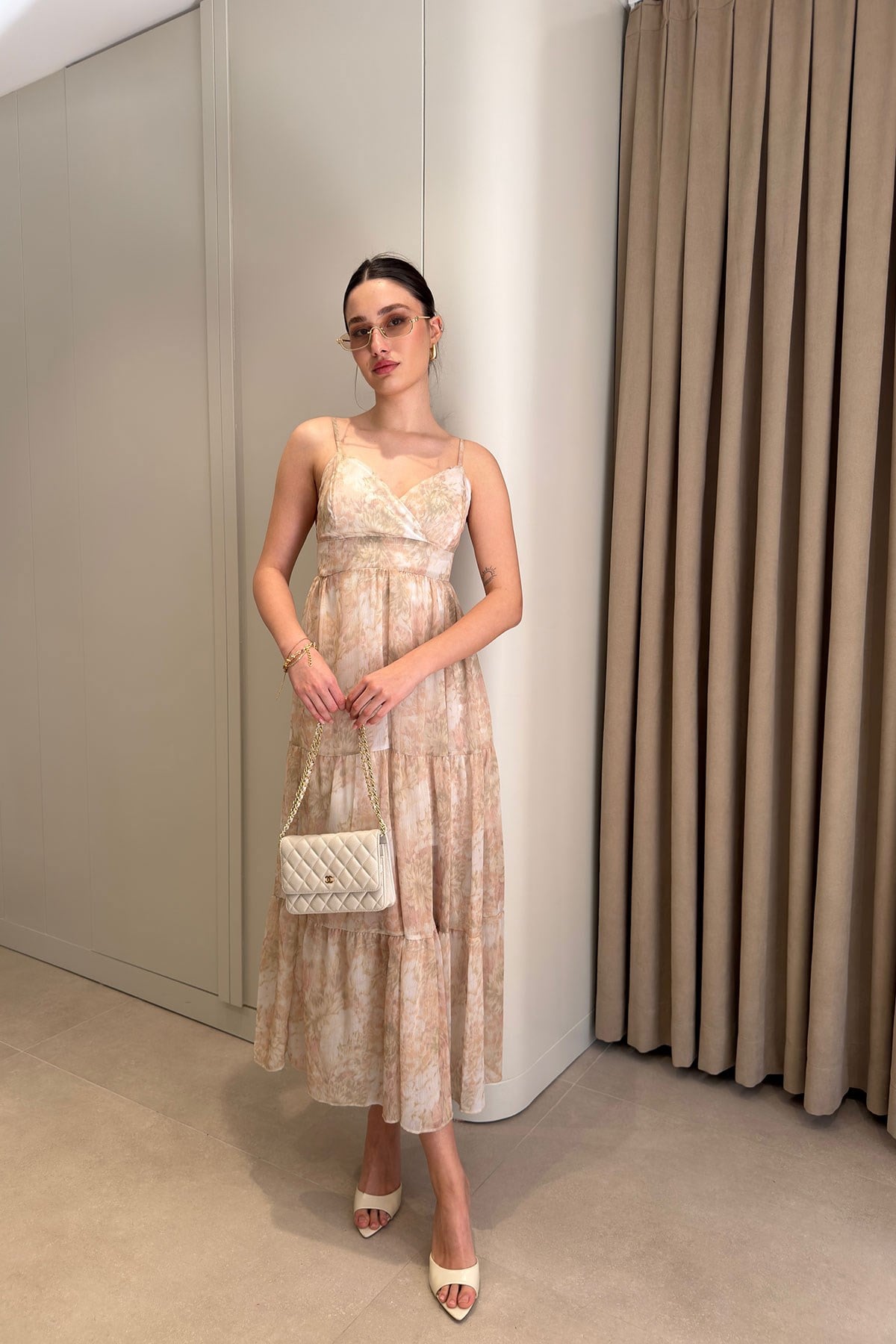 Batik Desen Özel Seri Şifon Yaryo Elbise- PUDRA