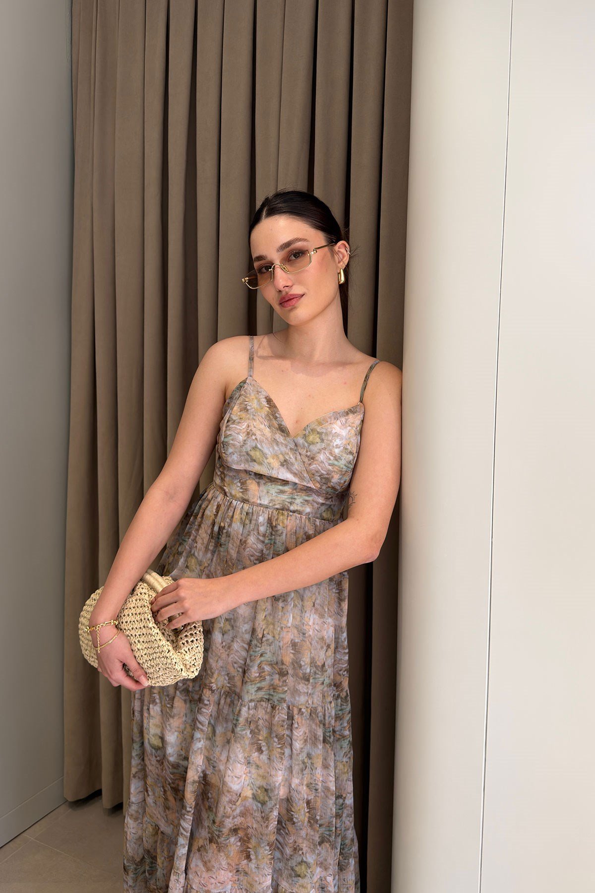 Batik Desen Özel Seri Şifon Yaryo Elbise- HAKİ