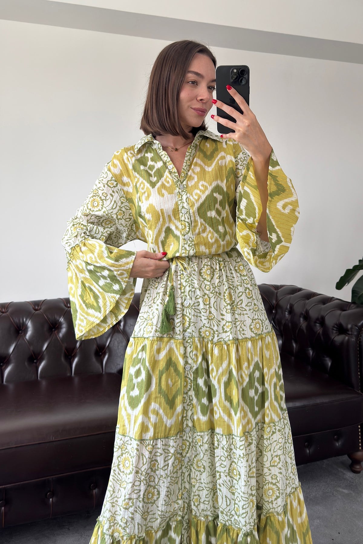 Batik Desen Renkli Gömlek Elbise- YEŞİL