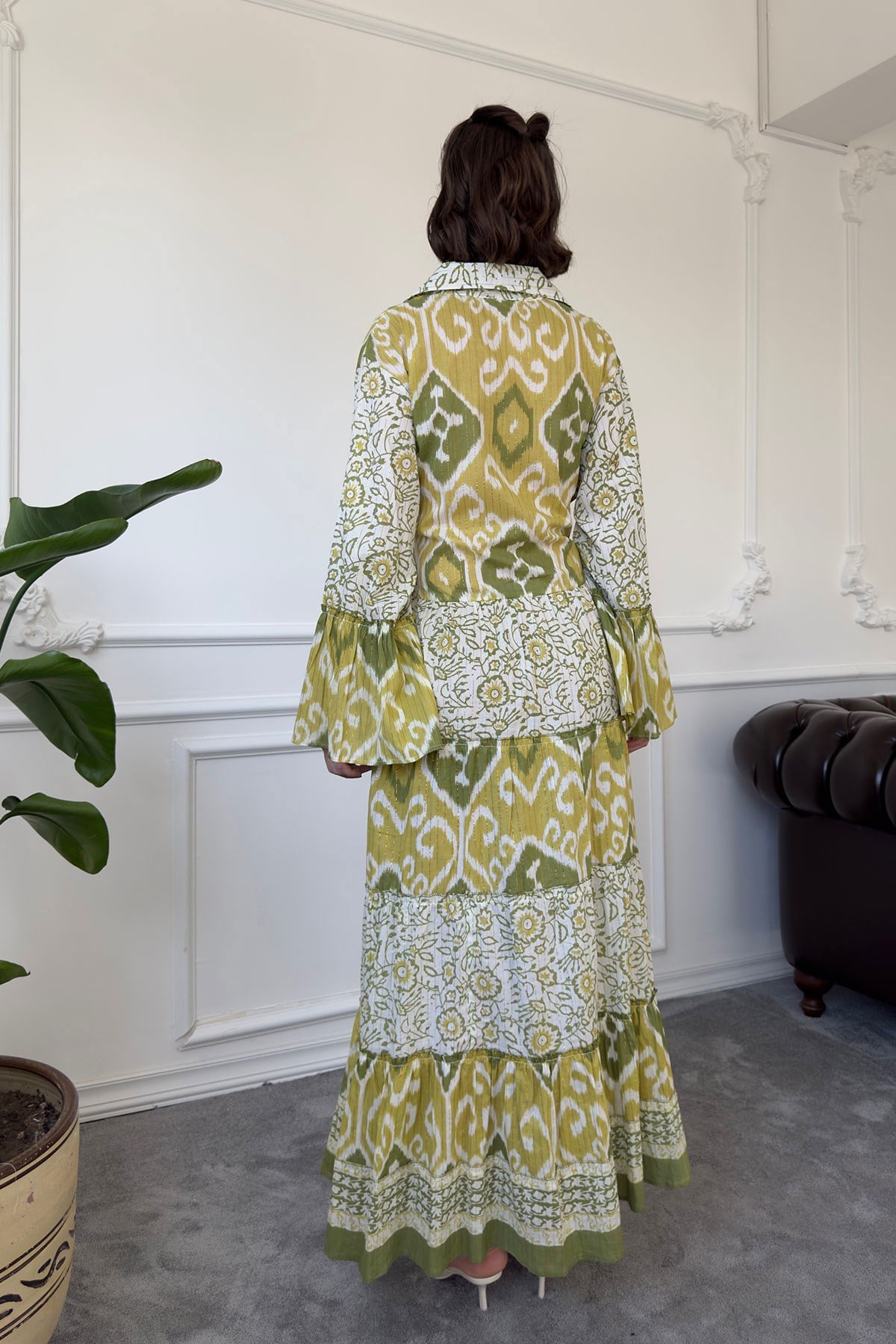 Batik Desen Renkli Gömlek Elbise- YEŞİL