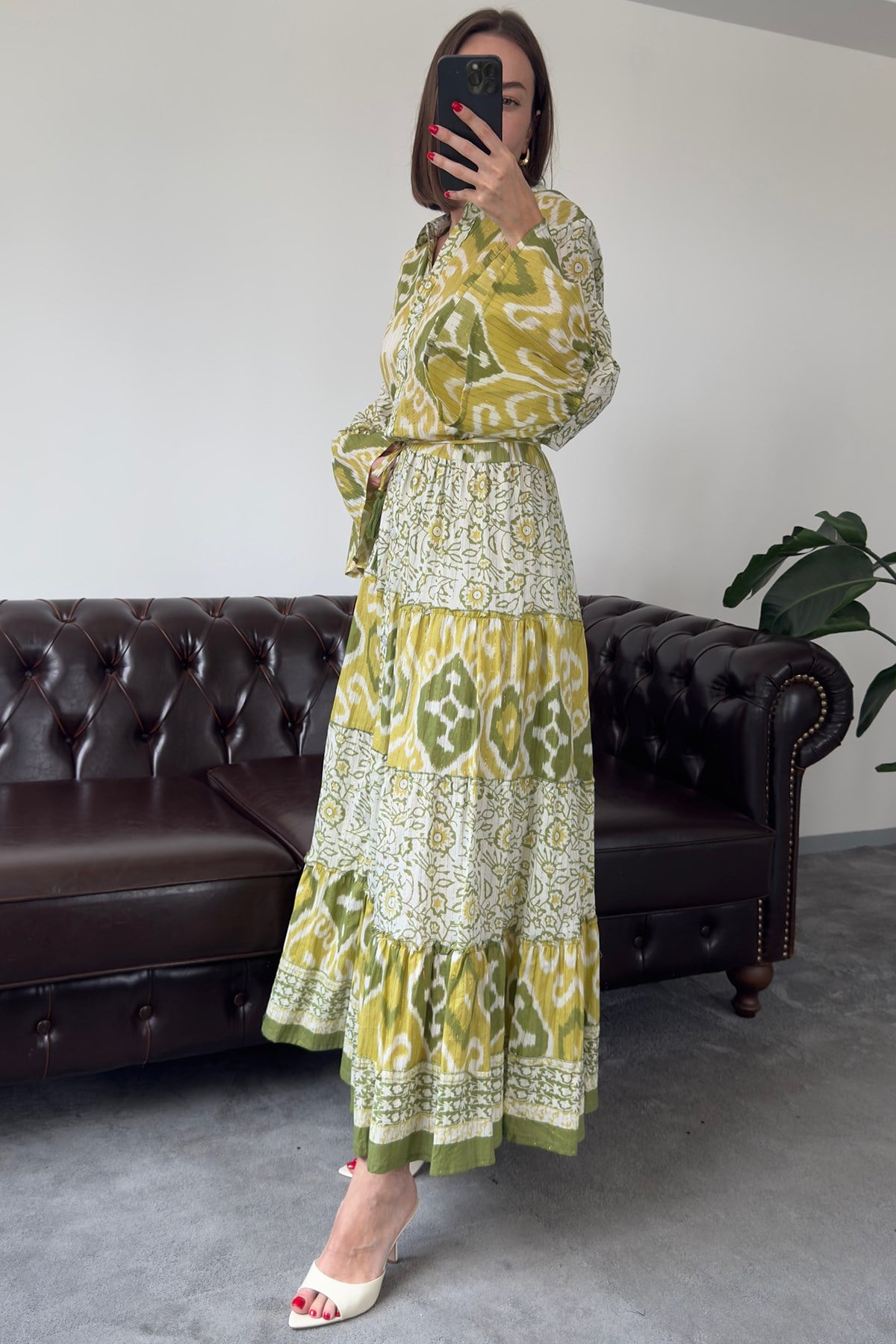 Batik Desen Renkli Gömlek Elbise- YEŞİL