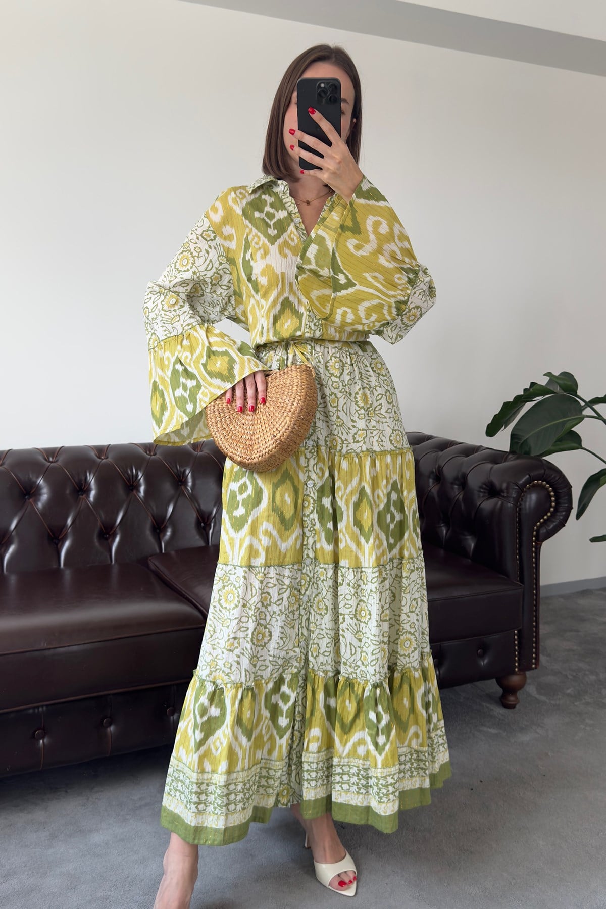 Batik Desen Renkli Gömlek Elbise- YEŞİL