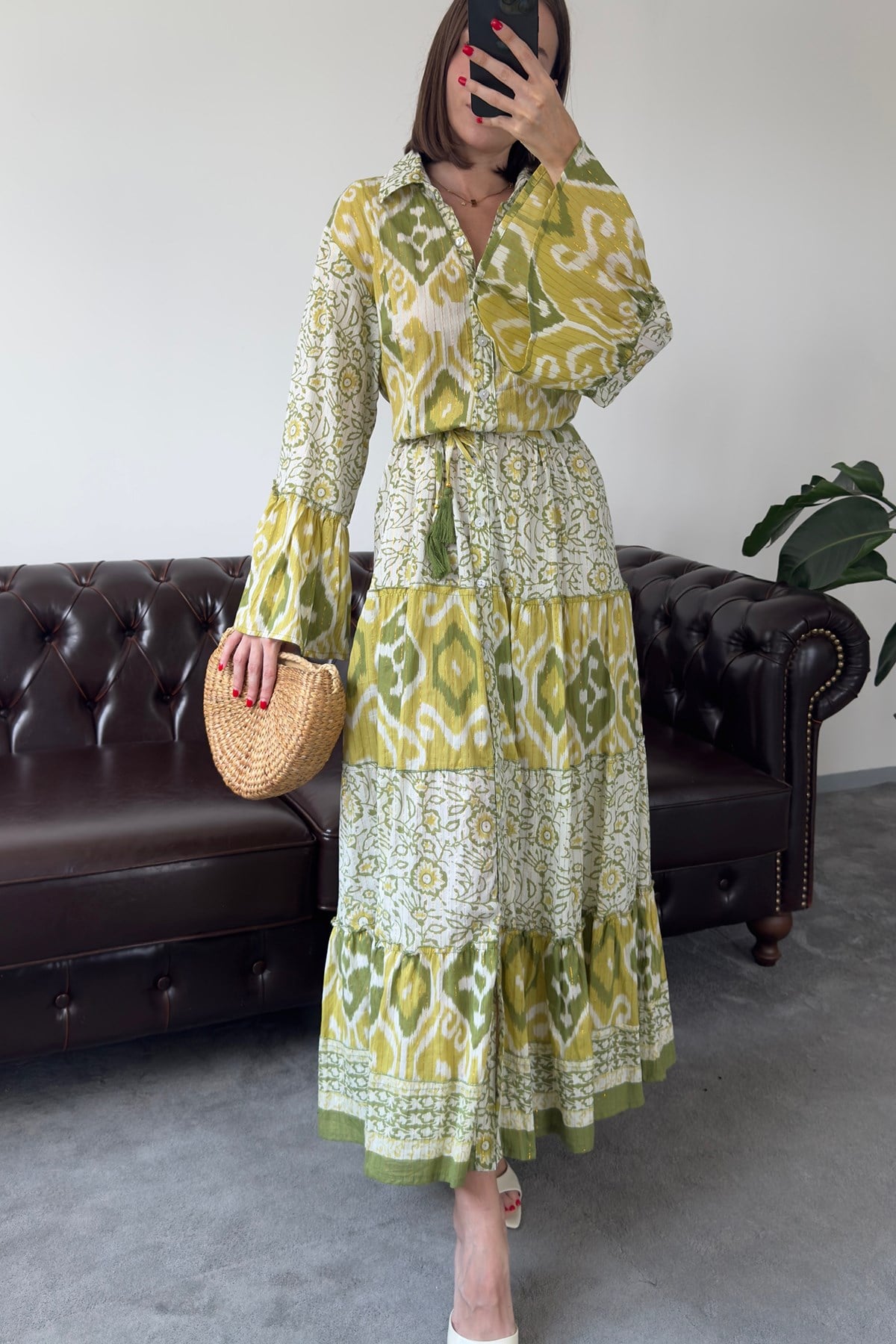 Batik Desen Renkli Gömlek Elbise- YEŞİL