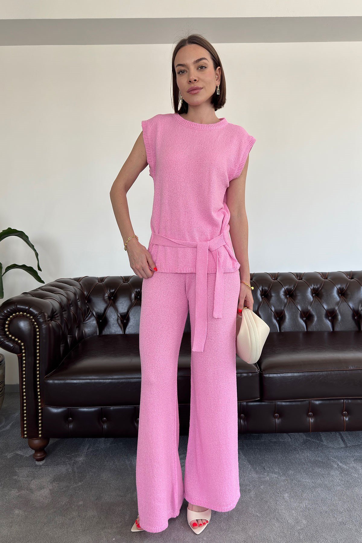 Belden Bağlamalı Orj Triko Takım- PEMBE