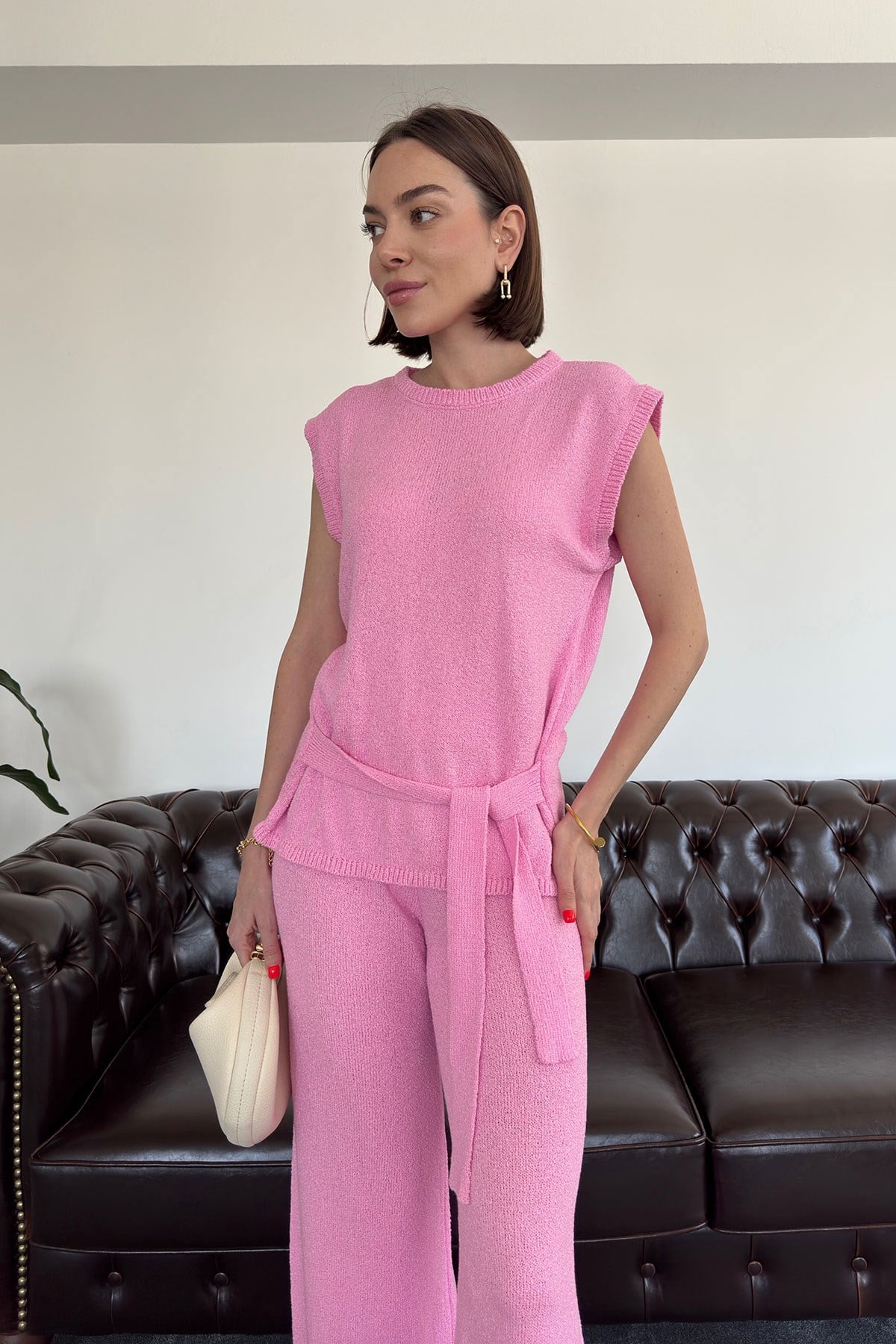 Belden Bağlamalı Orj Triko Takım- PEMBE