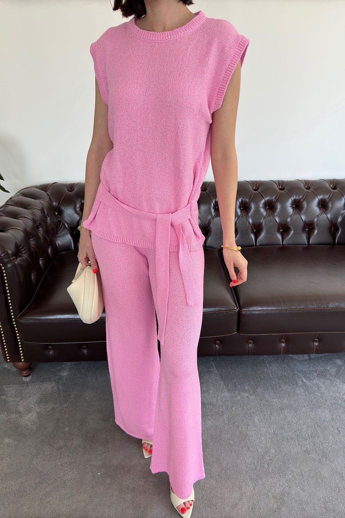 Belden Bağlamalı Orj Triko Takım- PEMBE