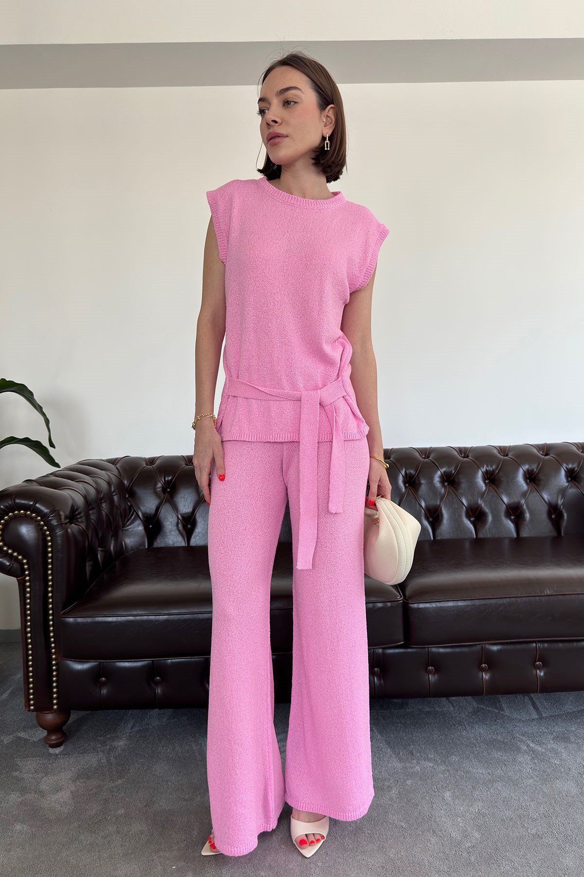 Belden Bağlamalı Orj Triko Takım- PEMBE