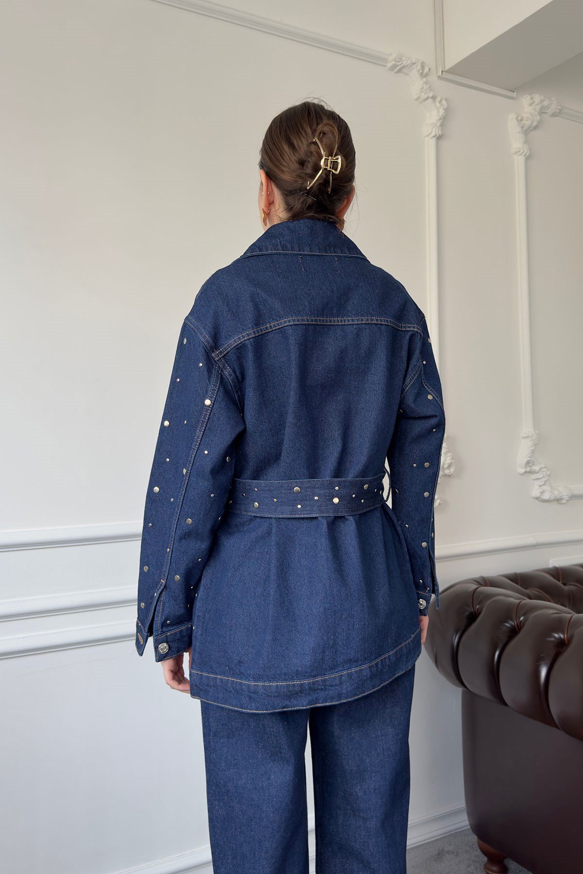 Beli Kuşaklı Denim Ceket- MAVİ