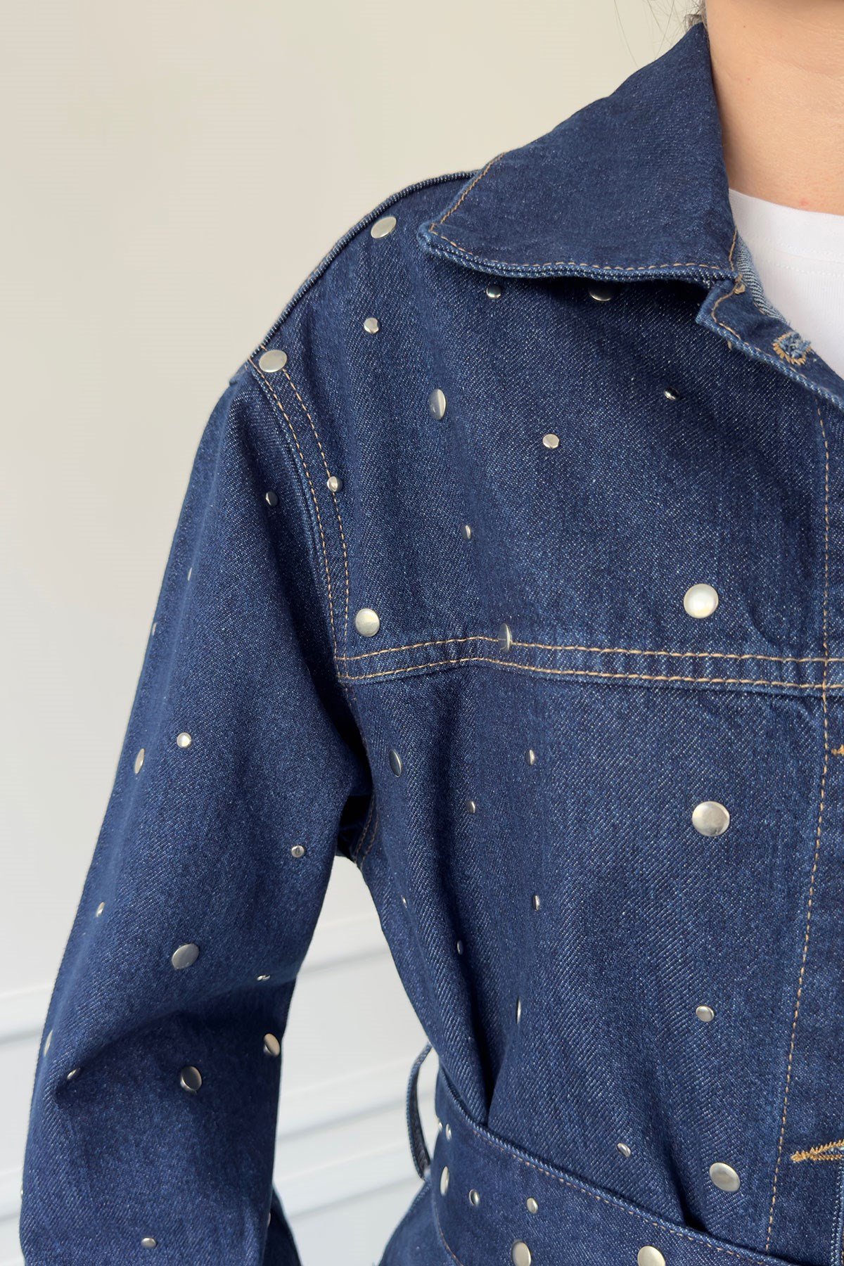 Beli Kuşaklı Denim Ceket- MAVİ