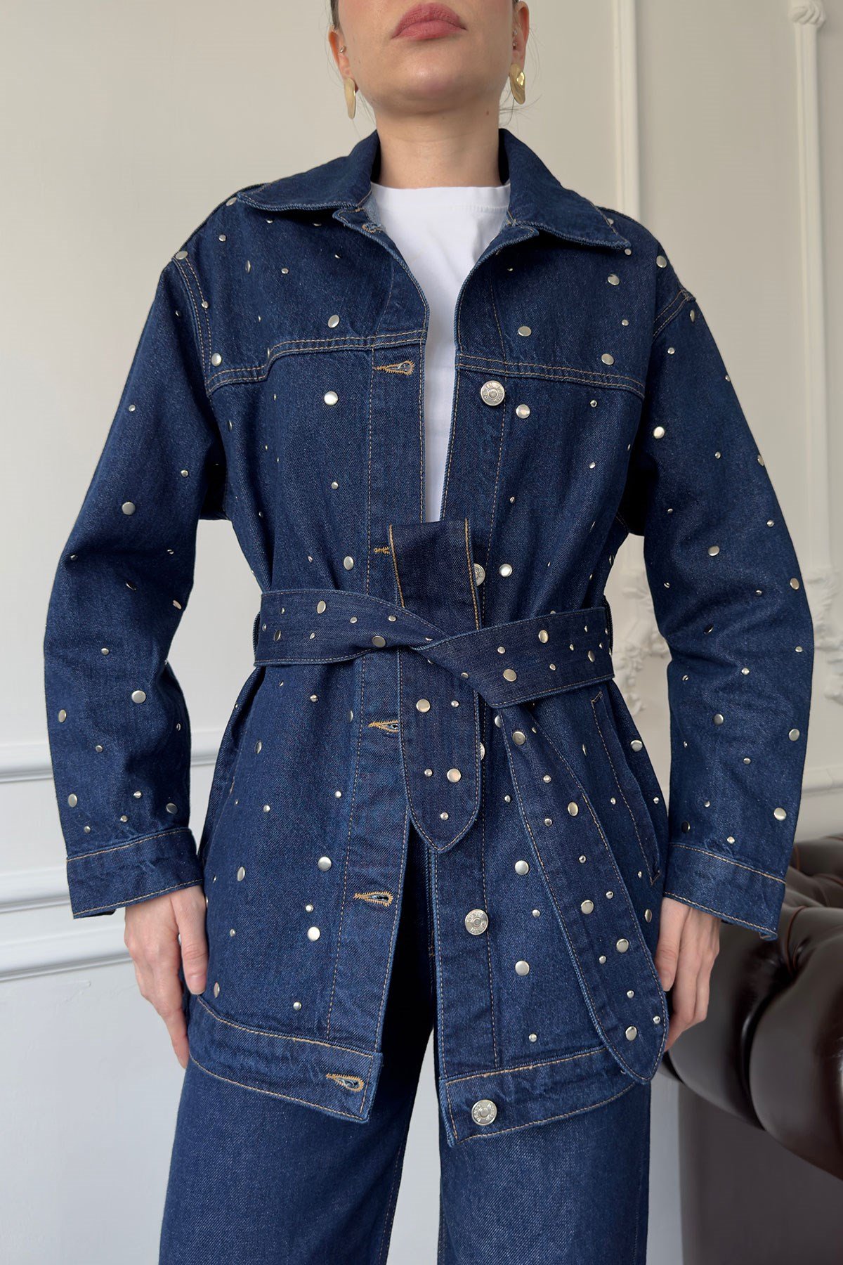Beli Kuşaklı Denim Ceket- MAVİ