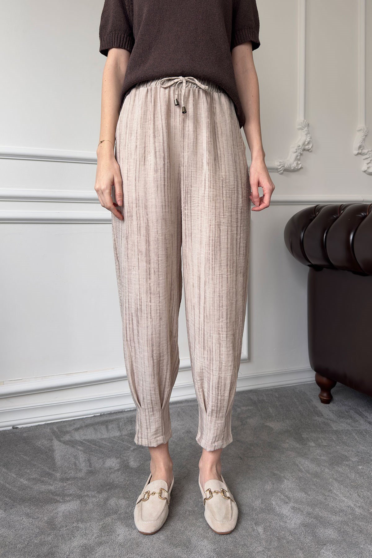 Beli Lastikli Jogger Keten Pantolon- BEJ