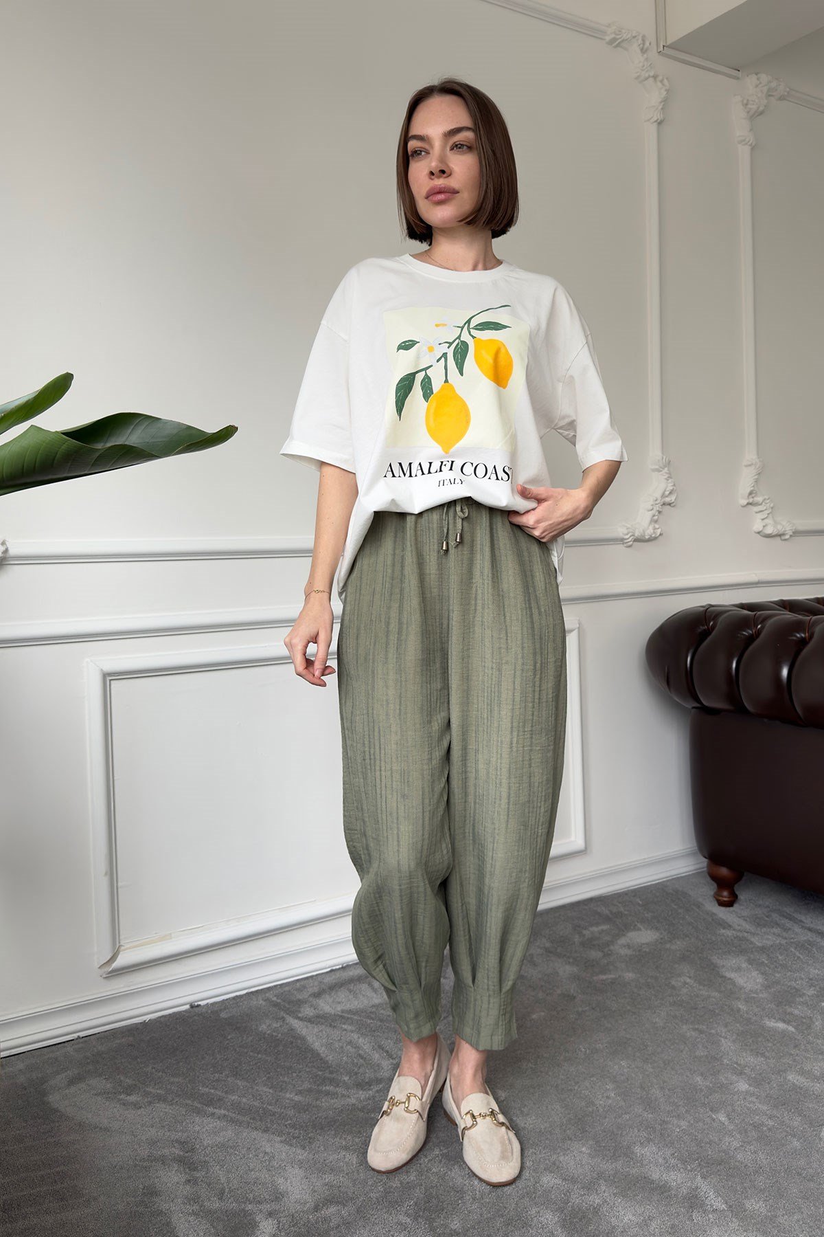 Beli Lastikli Jogger Keten Pantolon- HAKİ