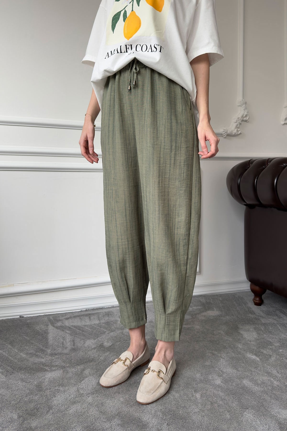 Beli Lastikli Jogger Keten Pantolon- HAKİ