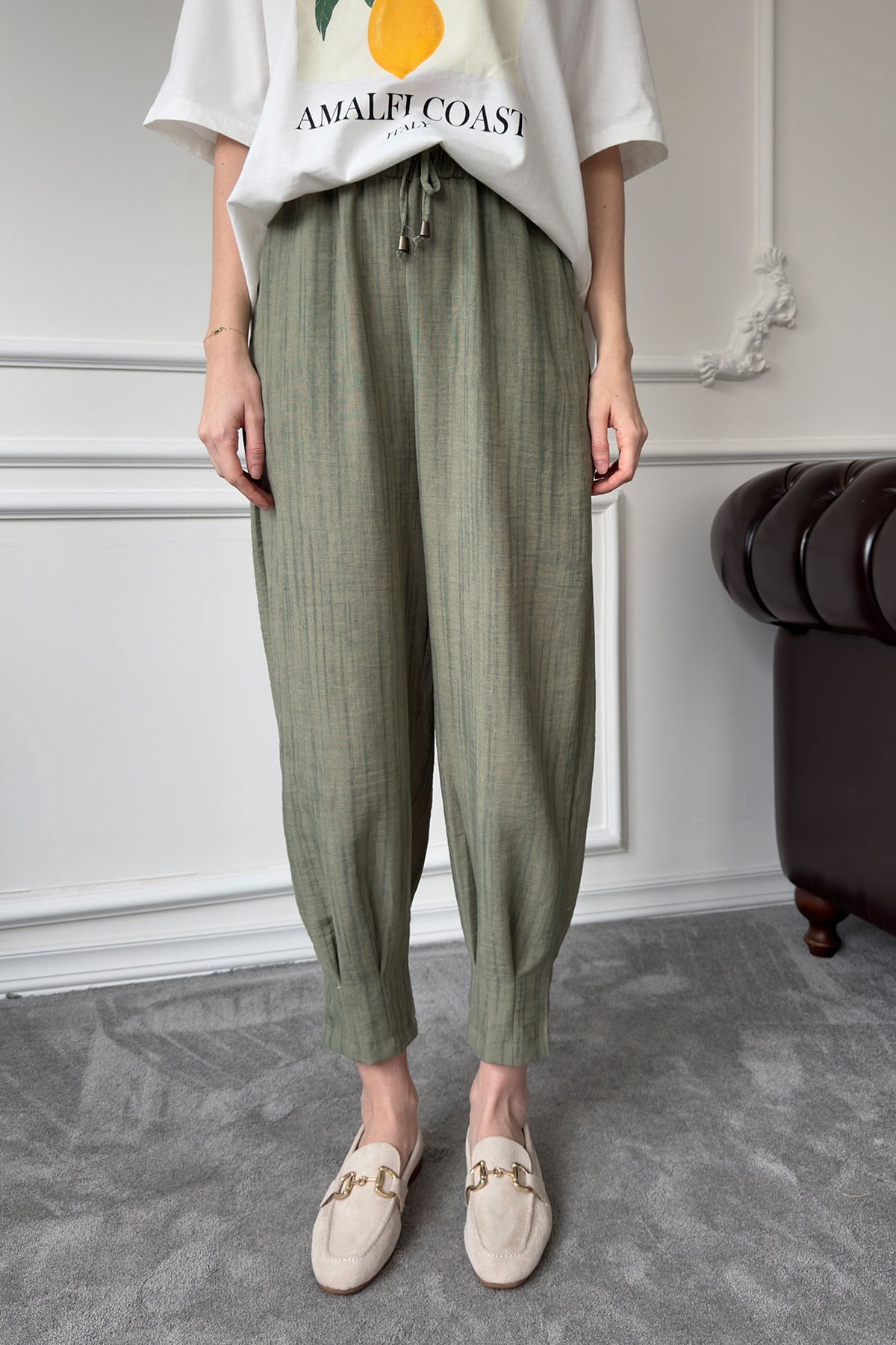 Beli Lastikli Jogger Keten Pantolon- HAKİ