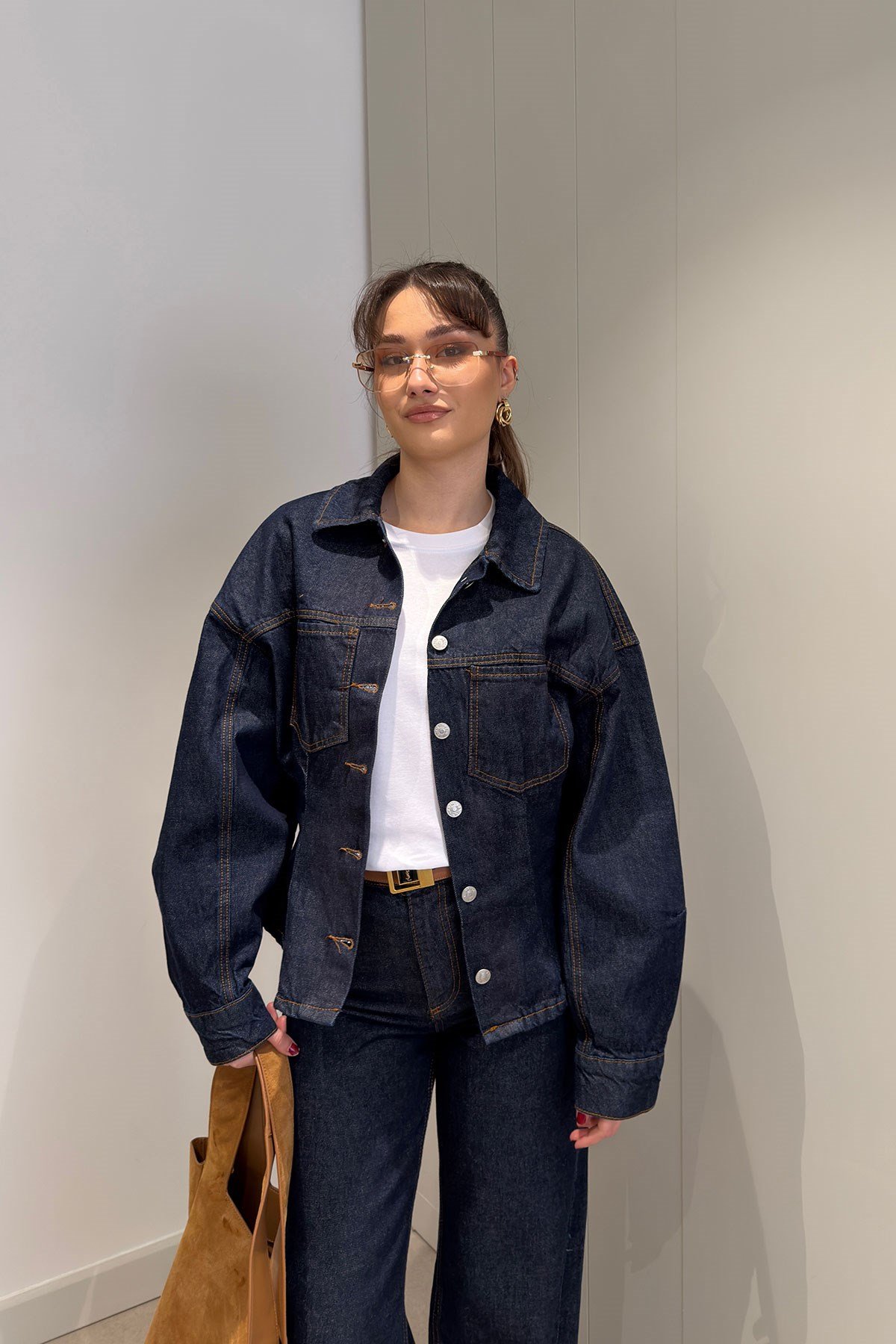 Beli Pens Detay Jean Ceket- KOYU LACİVERT
