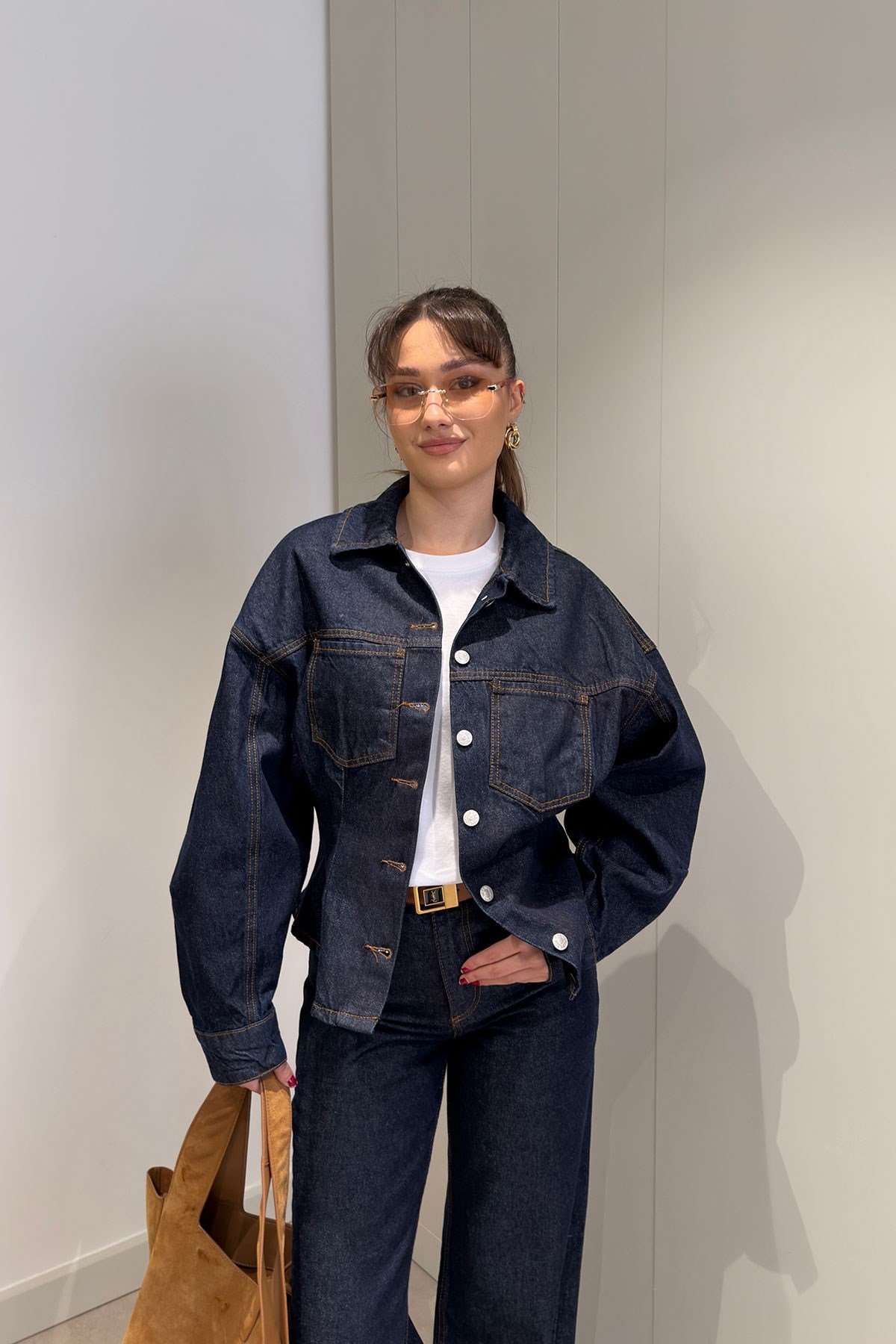 Beli Pens Detay Jean Ceket- KOYU LACİVERT