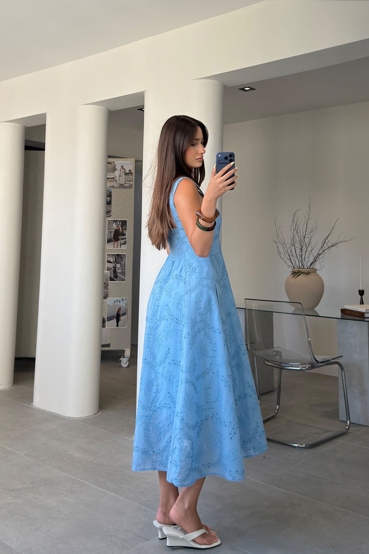 Bella Flora Brodeli Yandan Fermuarlı Elbise- MAVİ