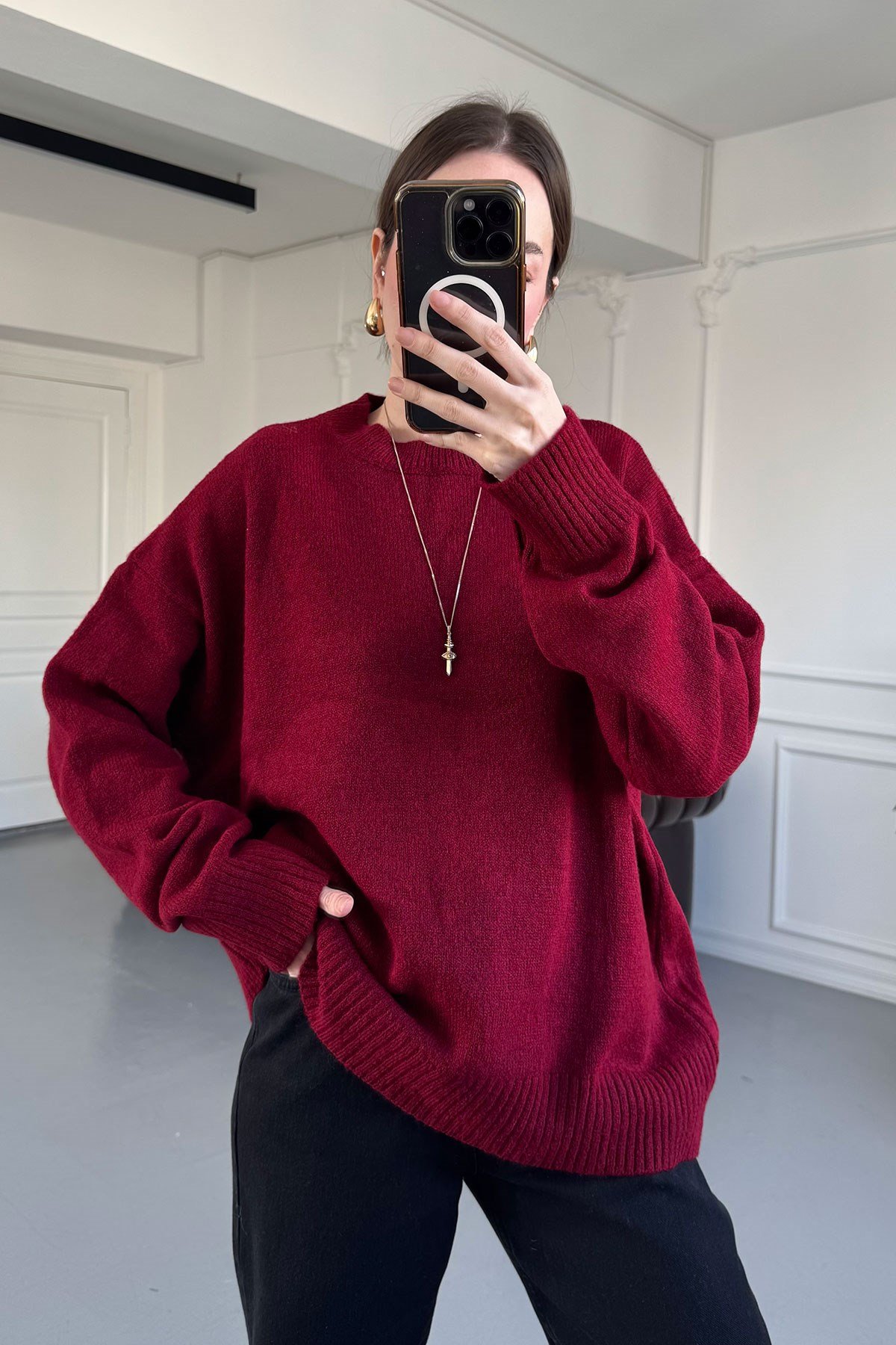 Bisiklet Yaka Basic Triko Kazak- BORDO