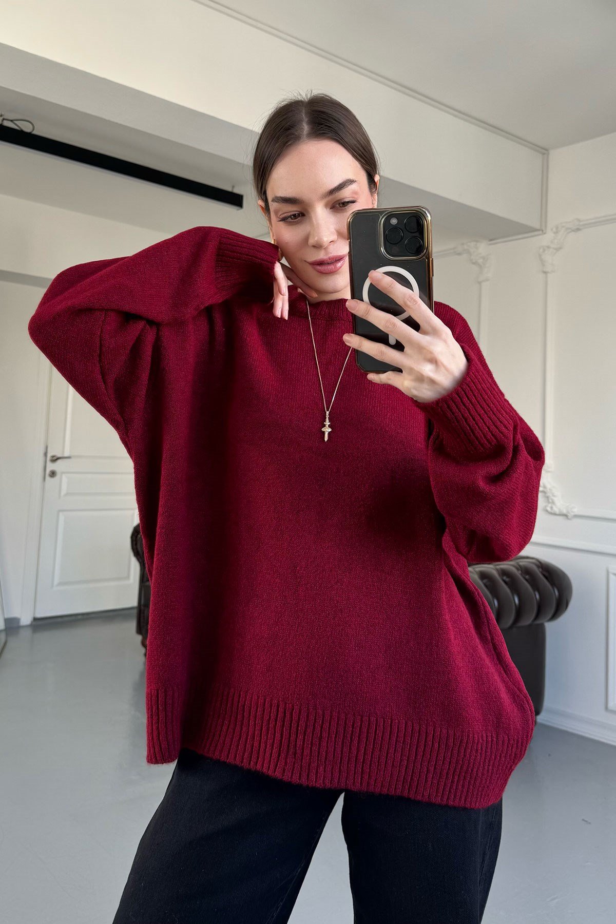 Bisiklet Yaka Basic Triko Kazak- BORDO
