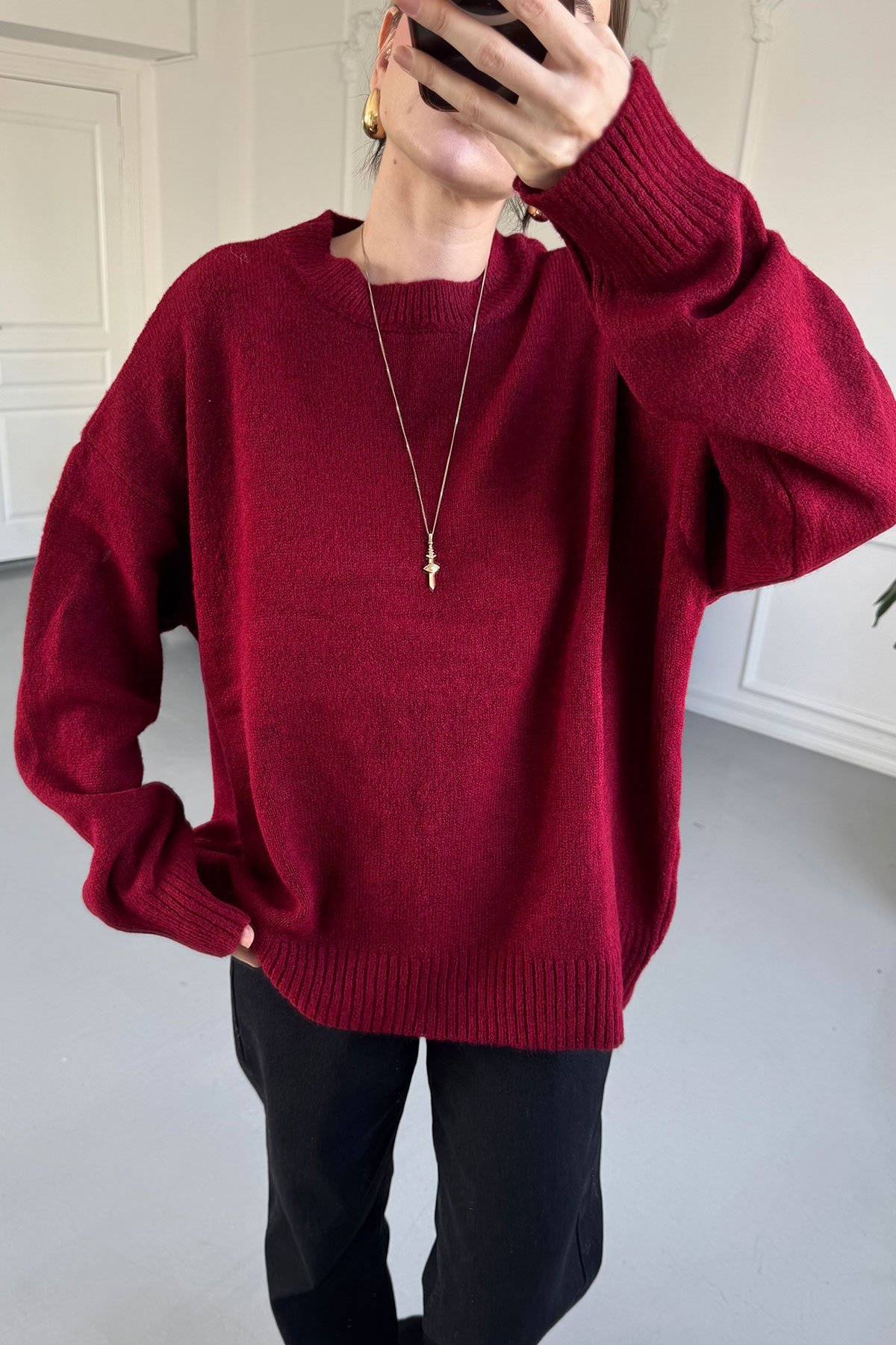 Bisiklet Yaka Basic Triko Kazak- BORDO