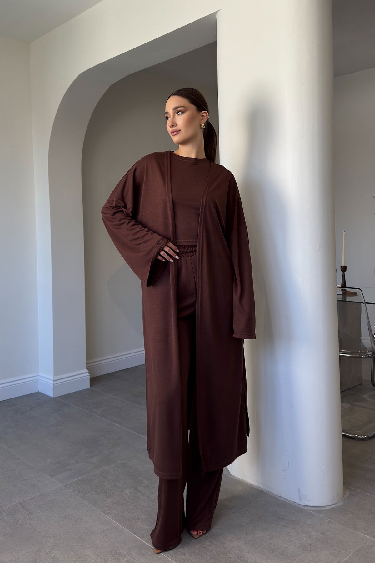 BLUZ PANTOLON KİMONO TAKIM- KAHVERENGİ