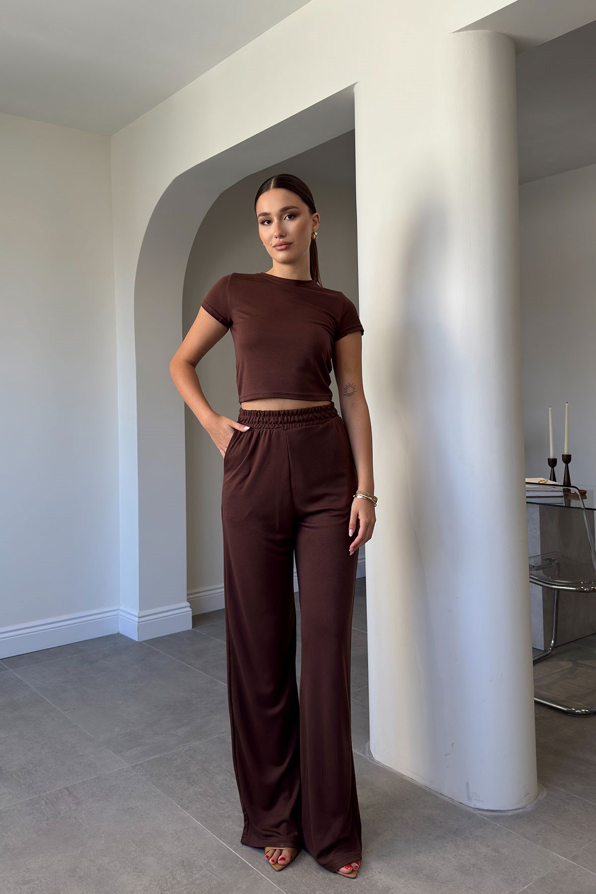 BLUZ PANTOLON KİMONO TAKIM- KAHVERENGİ