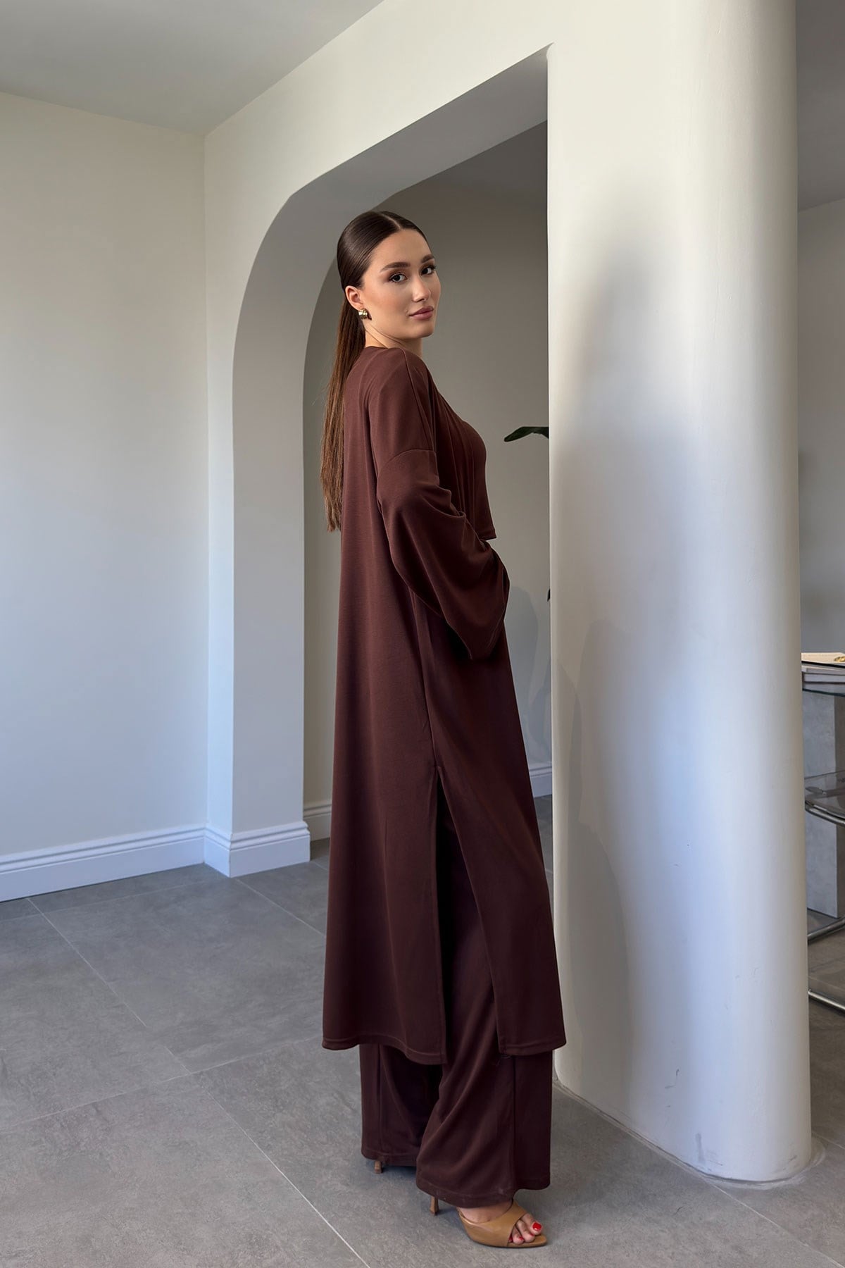 BLUZ PANTOLON KİMONO TAKIM- KAHVERENGİ
