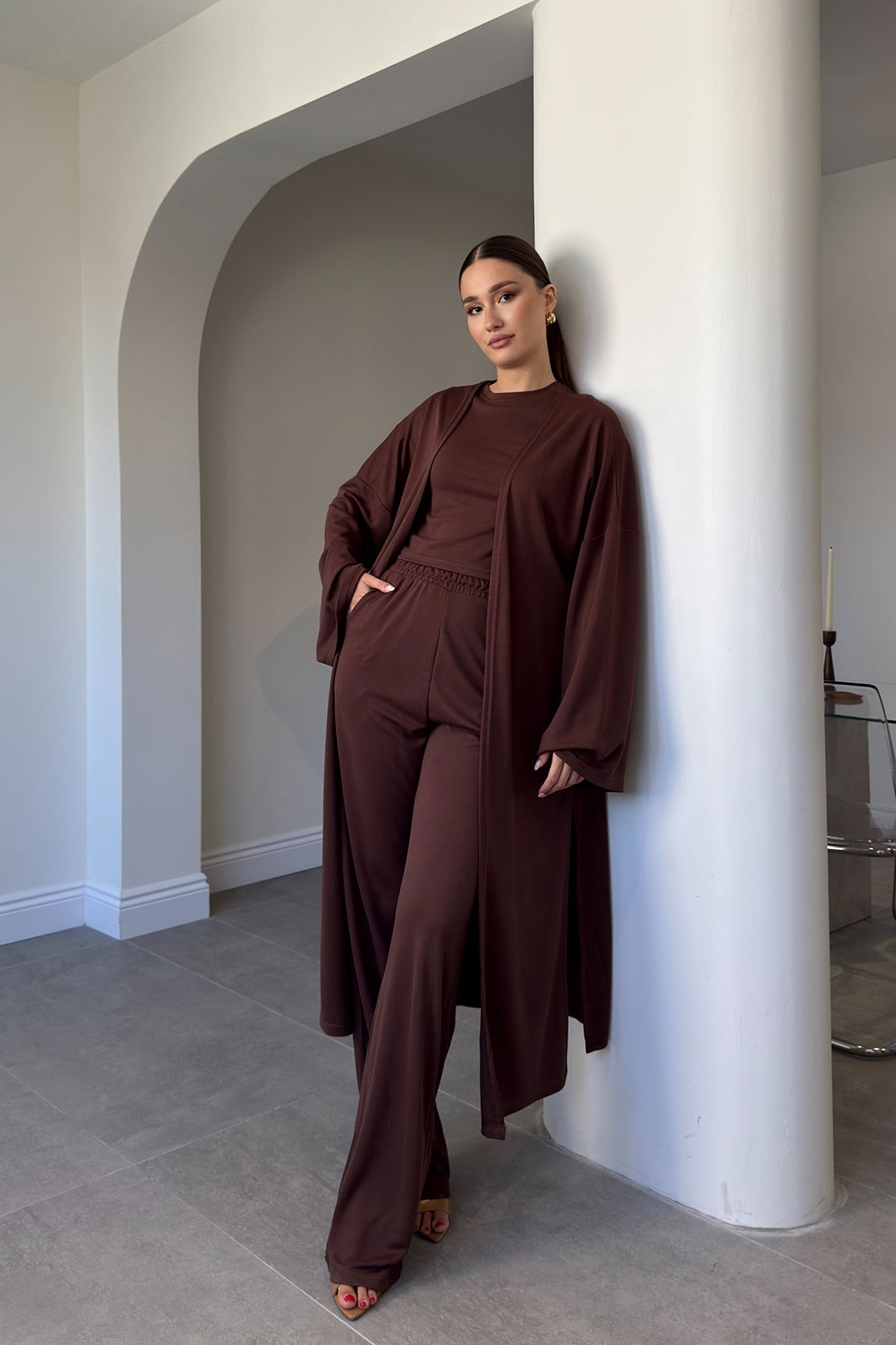 BLUZ PANTOLON KİMONO TAKIM- KAHVERENGİ