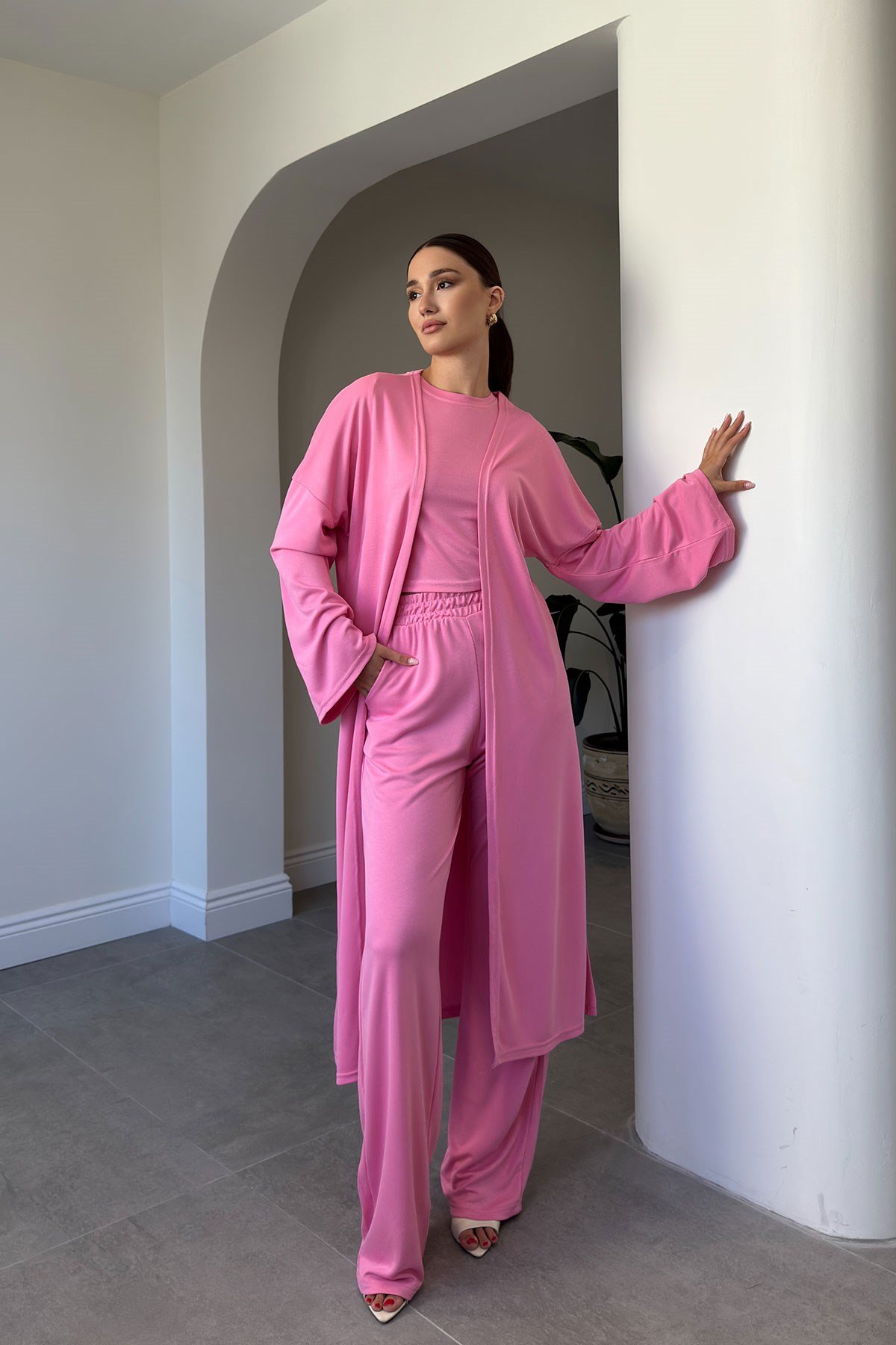 BLUZ PANTOLON KİMONO TAKIM- PEMBE