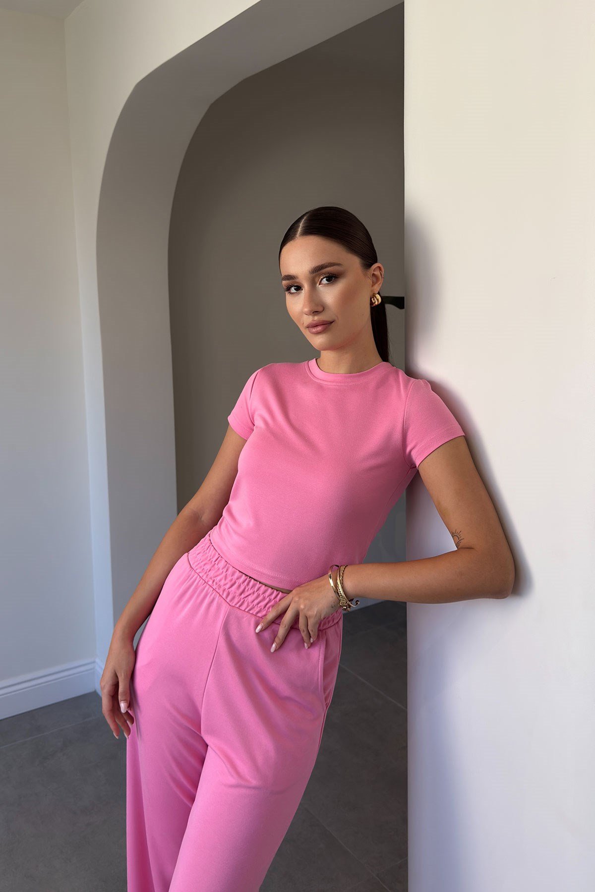 BLUZ PANTOLON KİMONO TAKIM- PEMBE