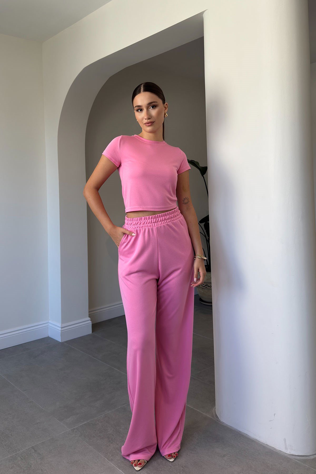 BLUZ PANTOLON KİMONO TAKIM- PEMBE