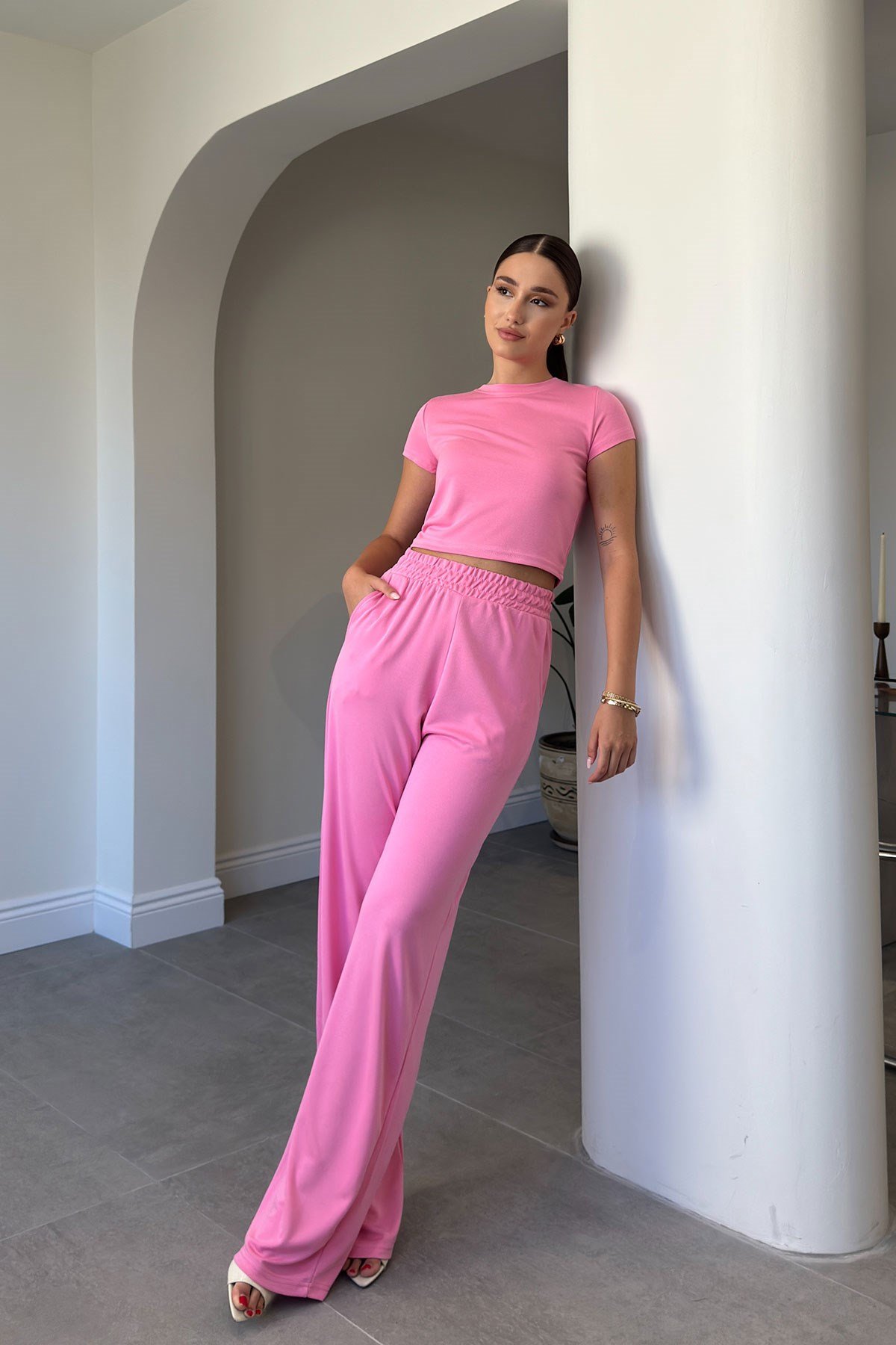 BLUZ PANTOLON KİMONO TAKIM- PEMBE